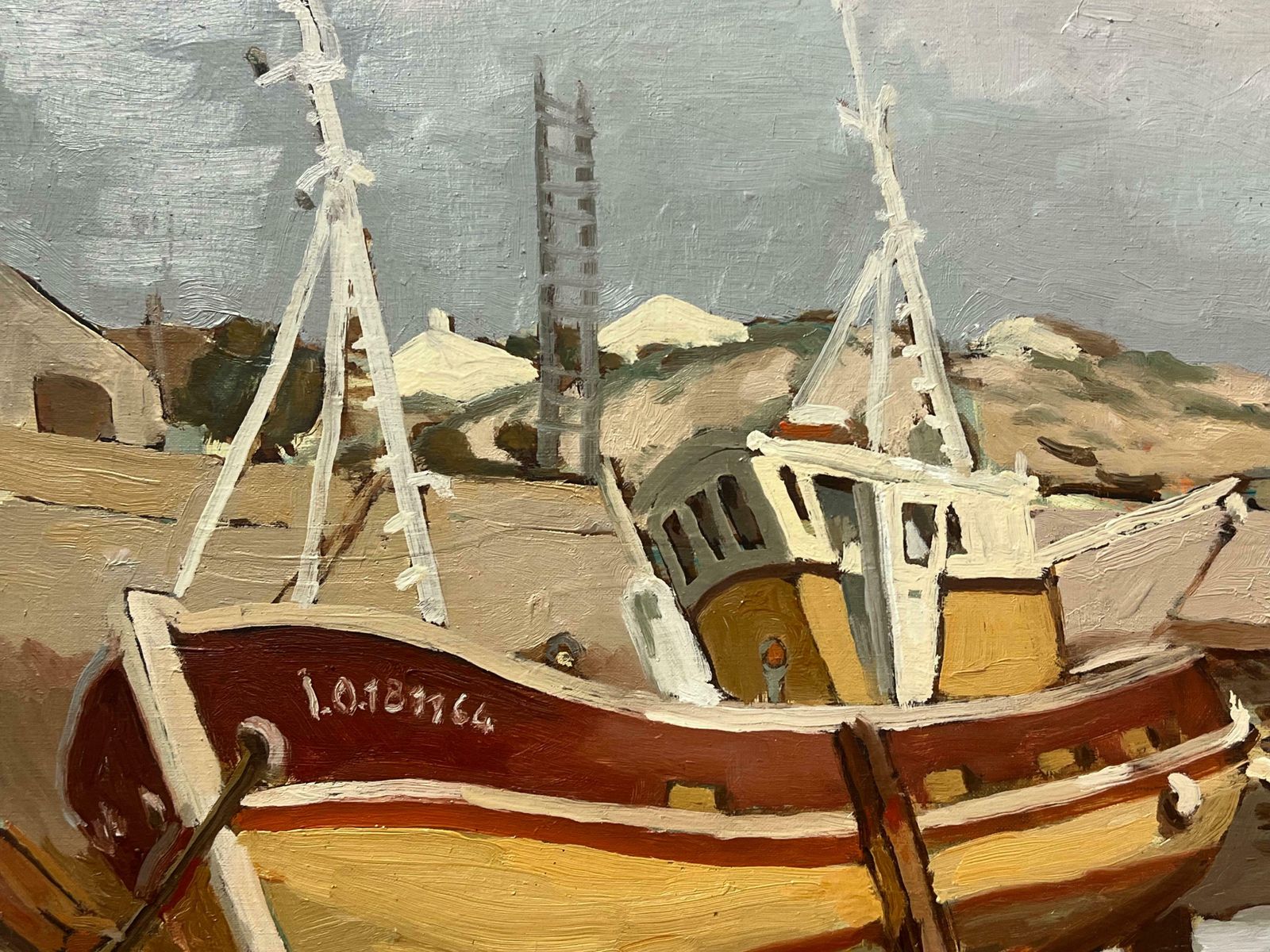 Georges Bordonove1970's French Post Impressionist Oil Painting Old Fishing Boats Low Tide Harbor1970's photo Art