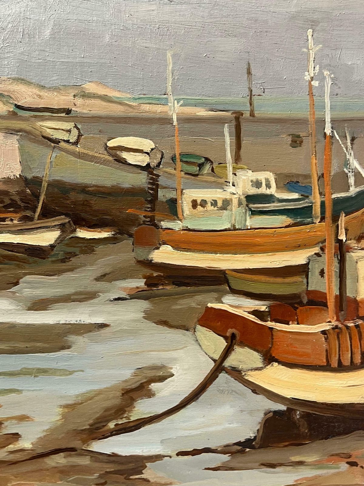 Georges Bordonove1970's French Post Impressionist Oil Painting Old Fishing Boats Low Tide Harbor1970's photo buy