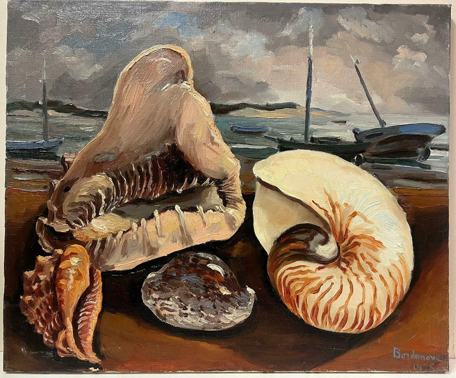 Georges Bordonove1970s French Signed Oil Painting Large Seashells Brittany Fishing Harbor Exhibit1978 photo furniture