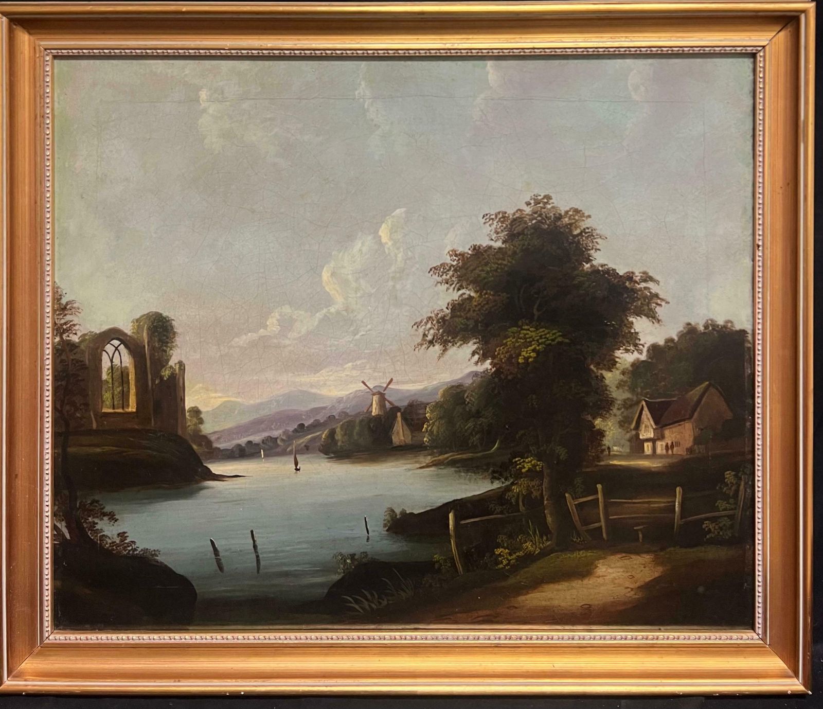 English Early Victorianlarge 1830's English Oil Painting Tranquil River Landscape With Old Mill19th Century photo furniture