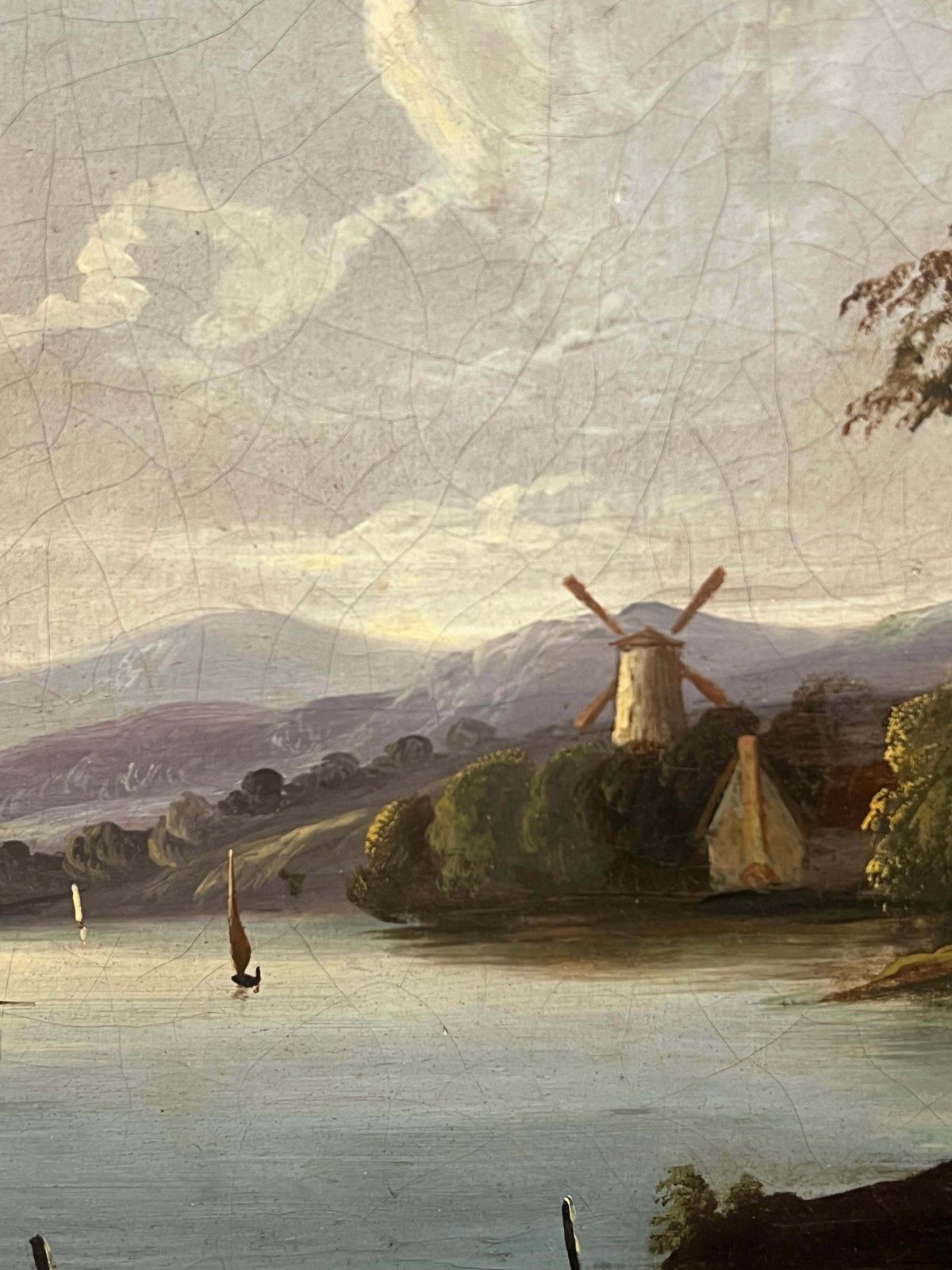 English Early Victorianlarge 1830's English Oil Painting Tranquil River Landscape With Old Mill19th Century photo Art