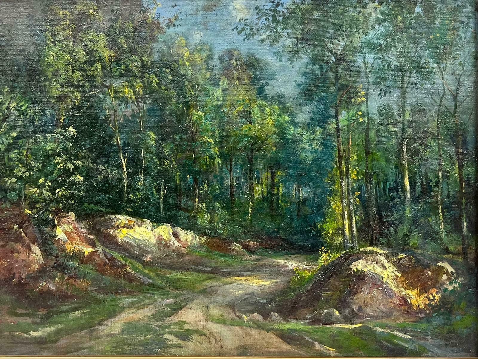 French Schoolantique French Impressionist Signed Oil Dappled Light Woodland Green Pathway