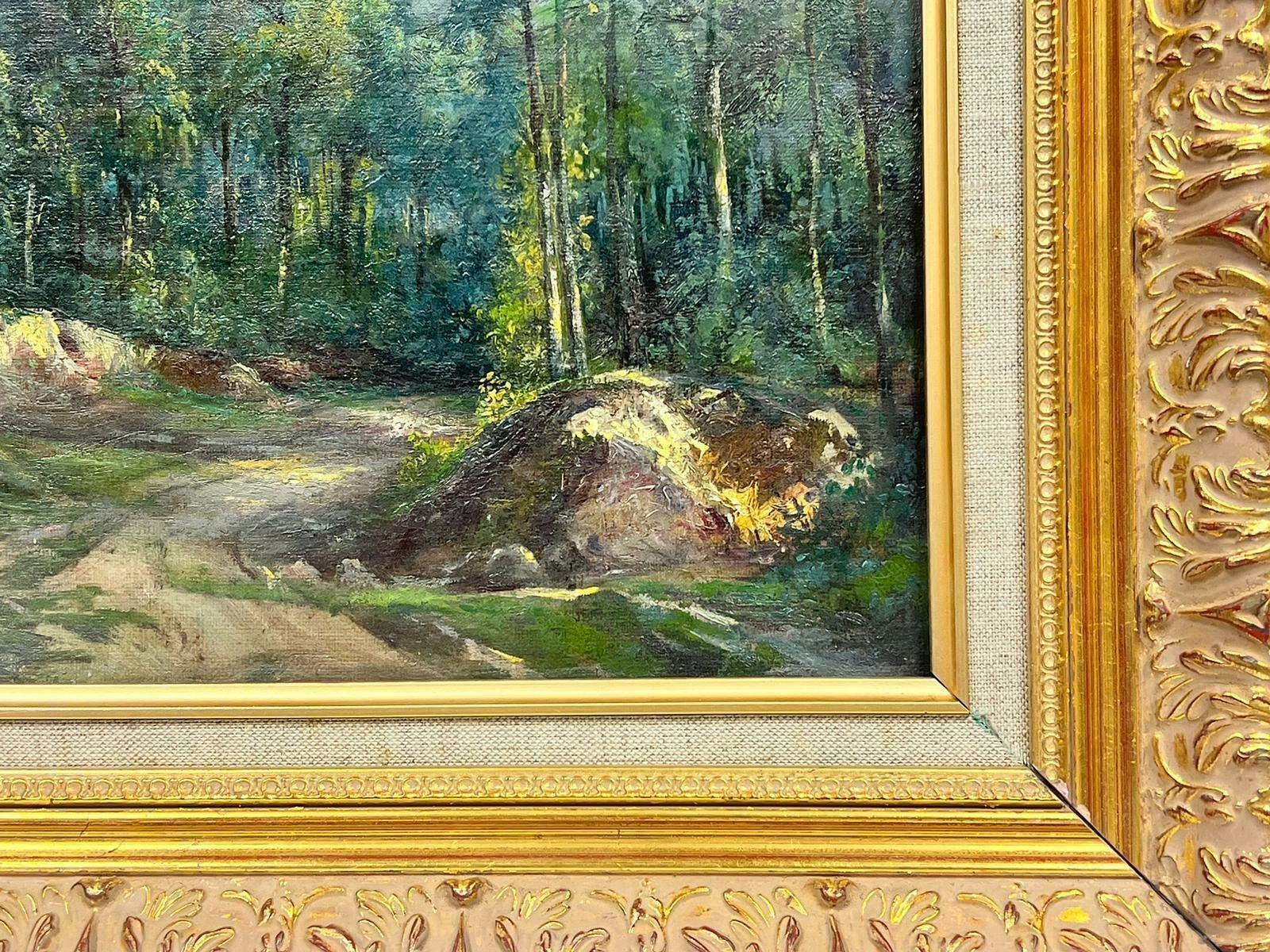 French Schoolantique French Impressionist Signed Oil Dappled Light Woodland Green Pathway photo for sale