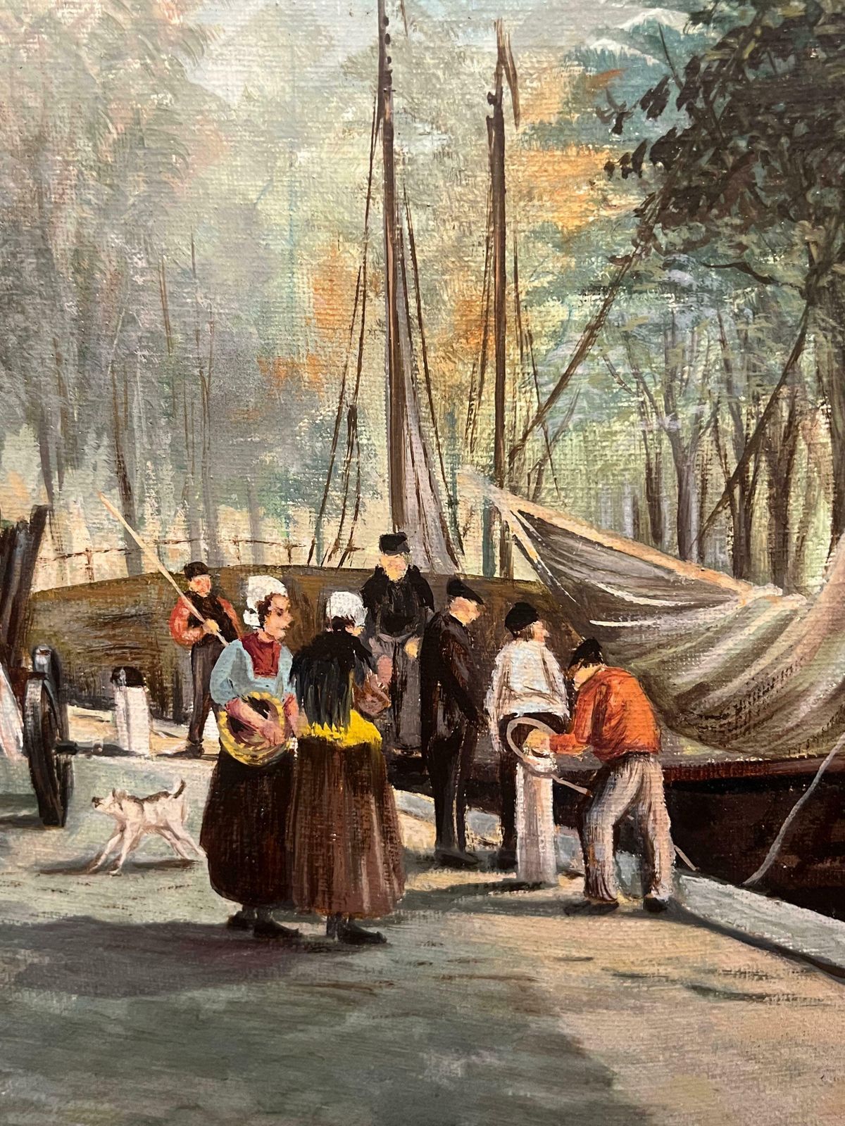 photo for sale Dutch Schoolbusy Dutch Canal Market Scene Large Signed Oil Painting With Figures20th Century