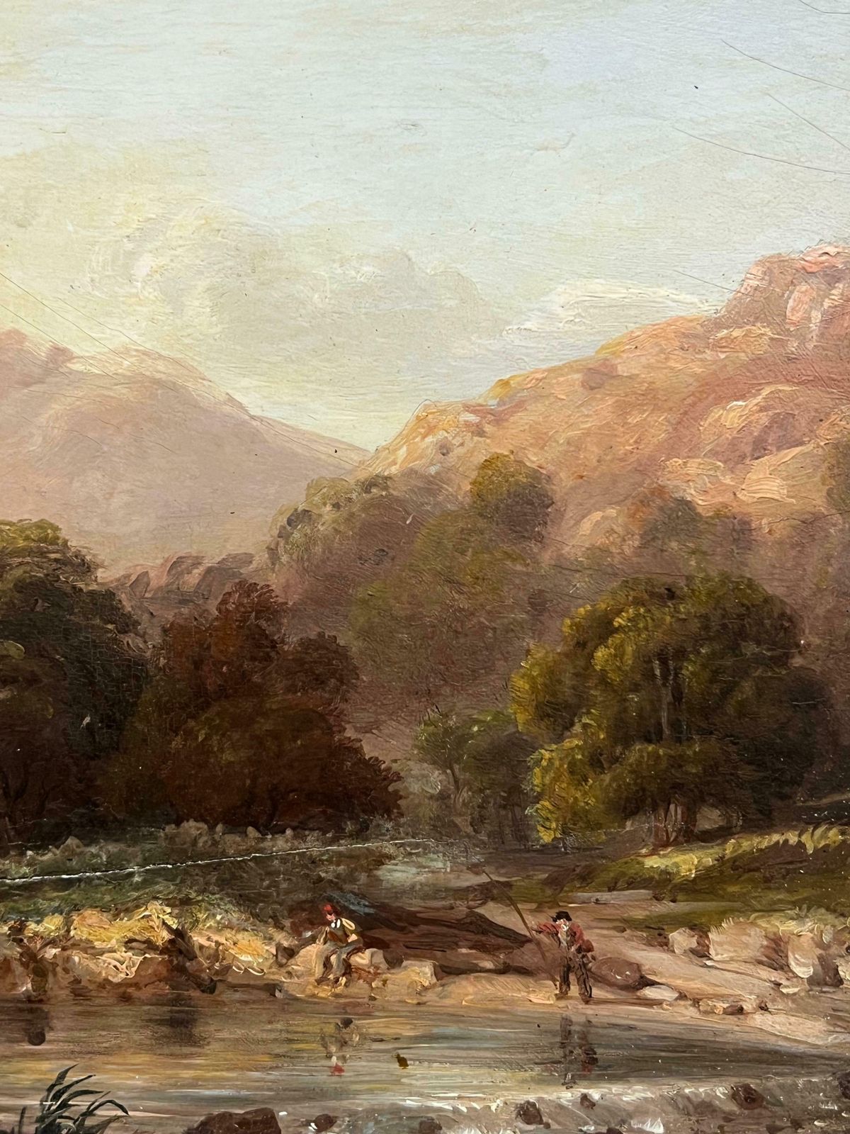 Antique C.1800's Scottish Oil Highland Landscape Anglers Fishing Autumnal River19th Century photo for sale