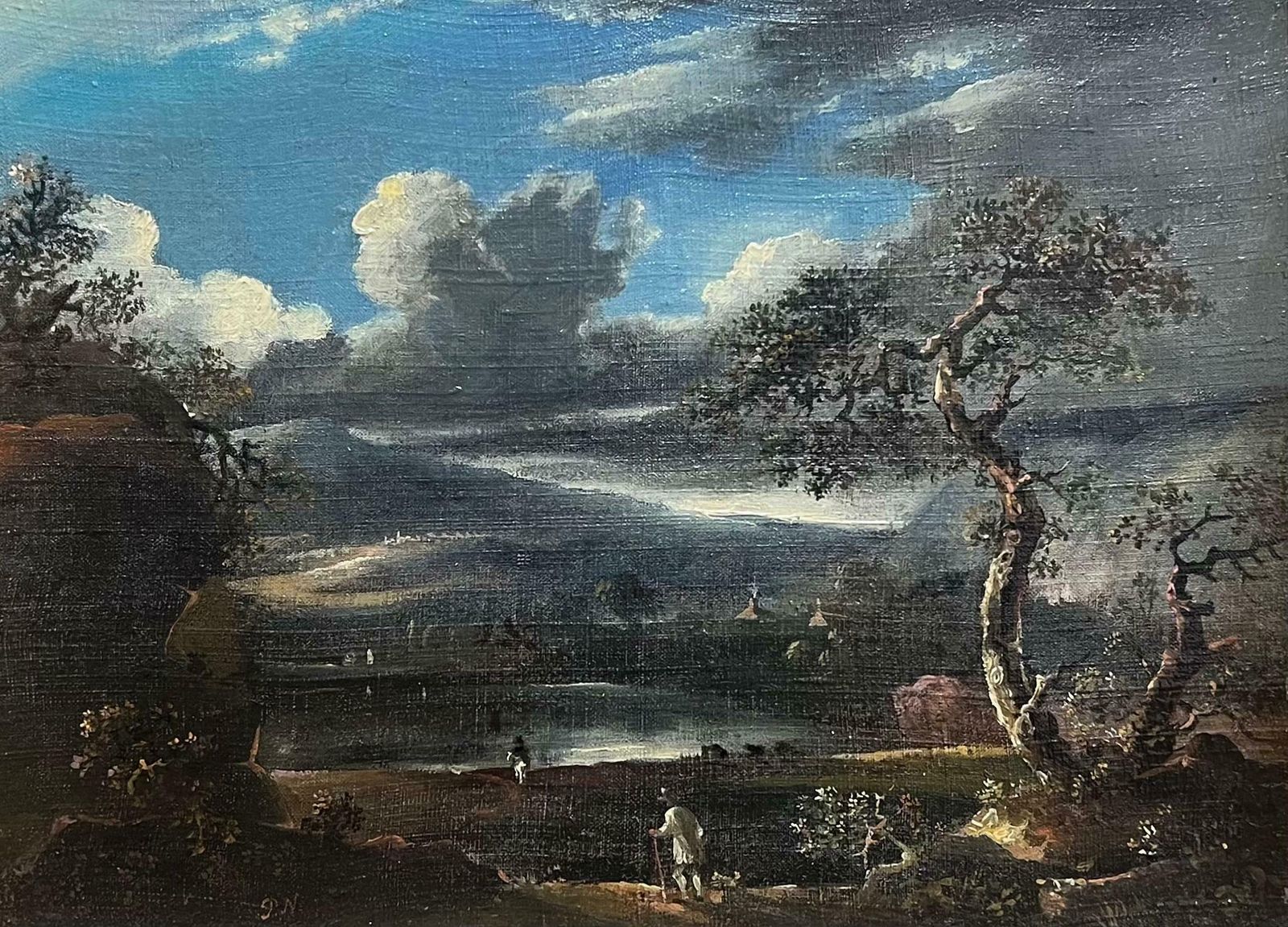 Early 1800's British Oil Painting Figures In Brooding Nocturnal Hilly Landscape 19th Century photo for sale