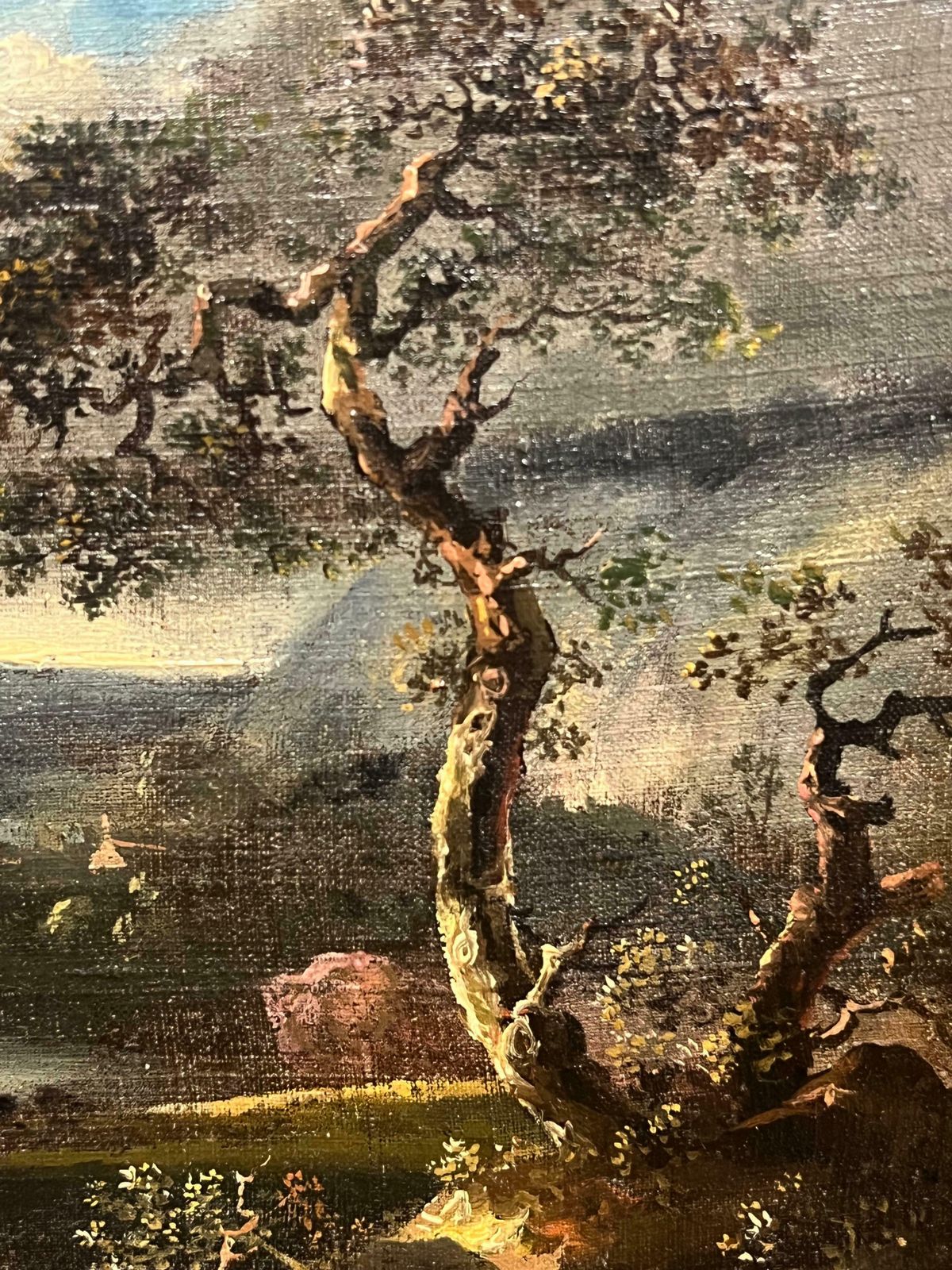 Early 1800's British Oil Painting Figures In Brooding Nocturnal Hilly Landscape 19th Century photo vintage