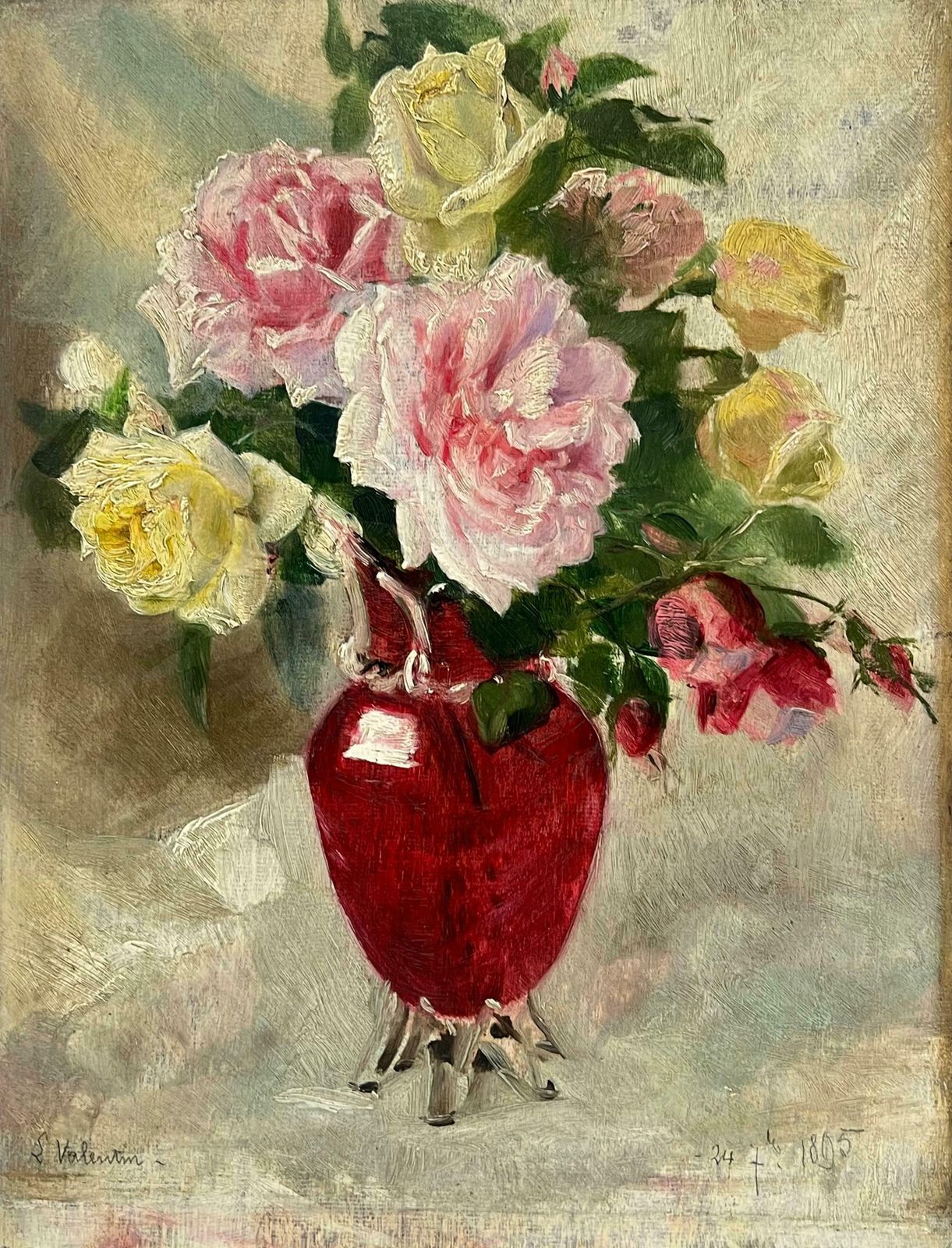 French Late 19th Century Schoolfrench 19th Century Impressionist Oil Roses In Red Vase1890's