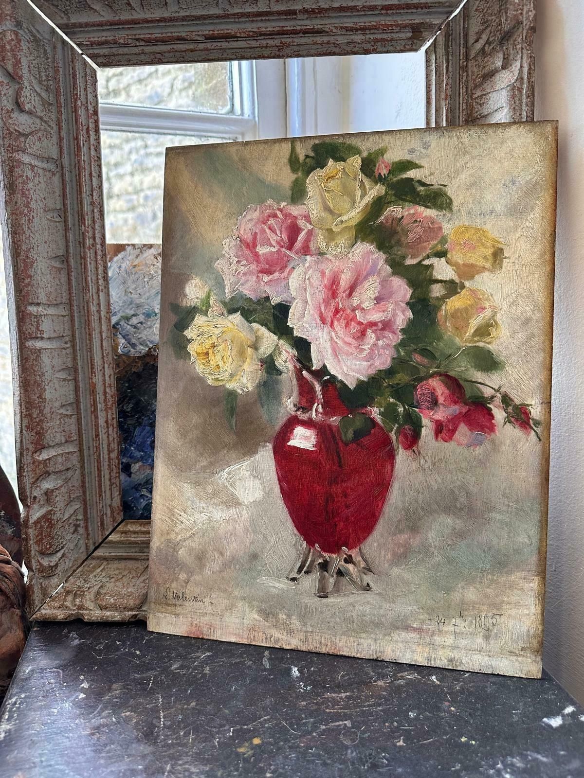 French Late 19th Century Schoolfrench 19th Century Impressionist Oil Roses In Red Vase1890's photo for sale