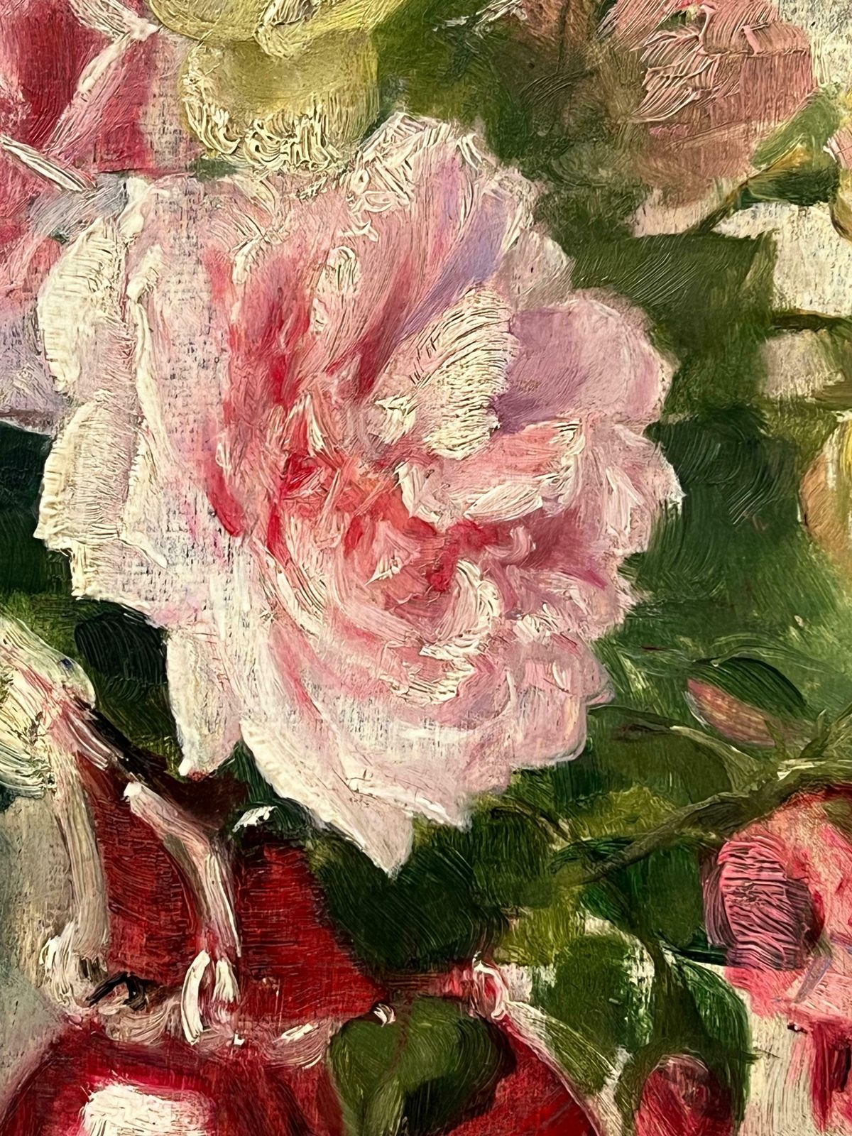 French Late 19th Century Schoolfrench 19th Century Impressionist Oil Roses In Red Vase1890's photo buy