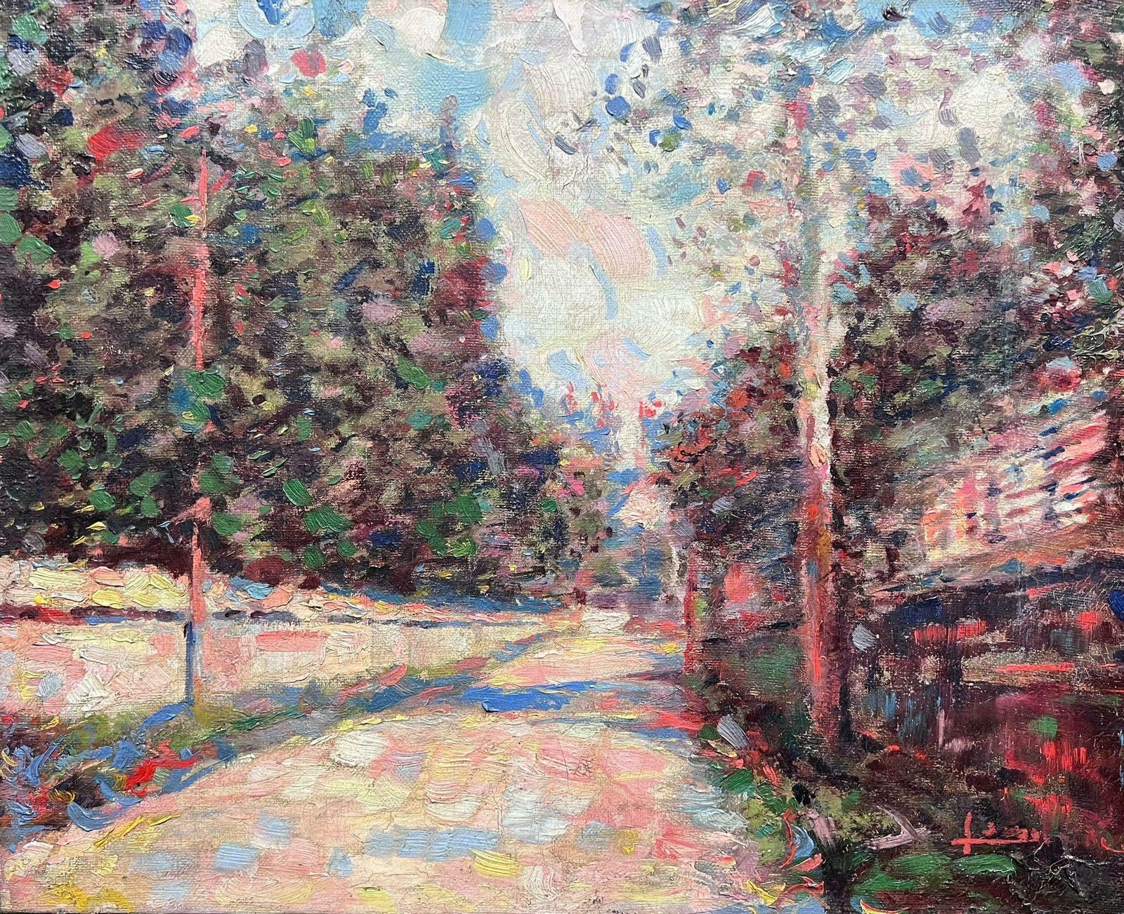 Fine C. 1900's French Impressionist Oil Painting Colorful Village Street Viewc. 1900's