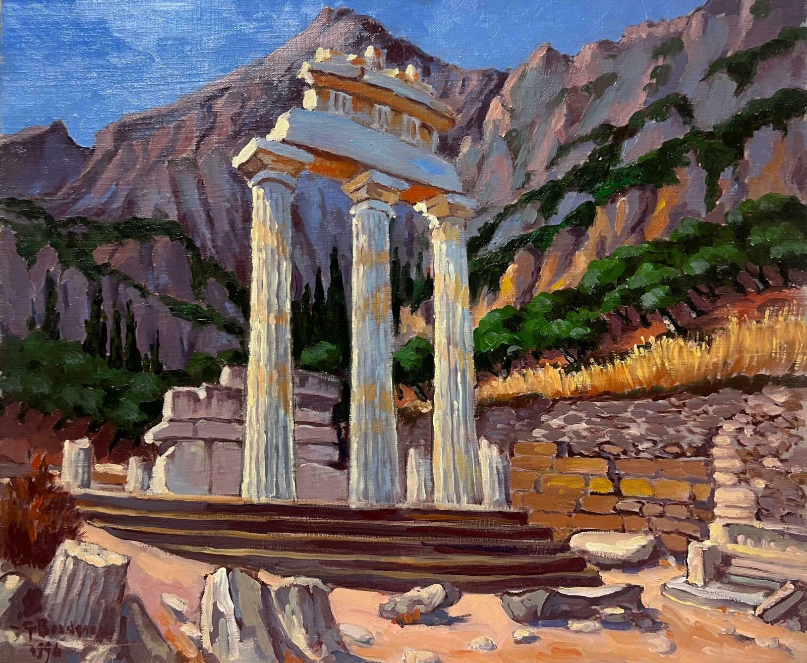 Georges Bordonovelarge French Contemporary Oil Painting Ancient Greek Roman Temple Column Ruins