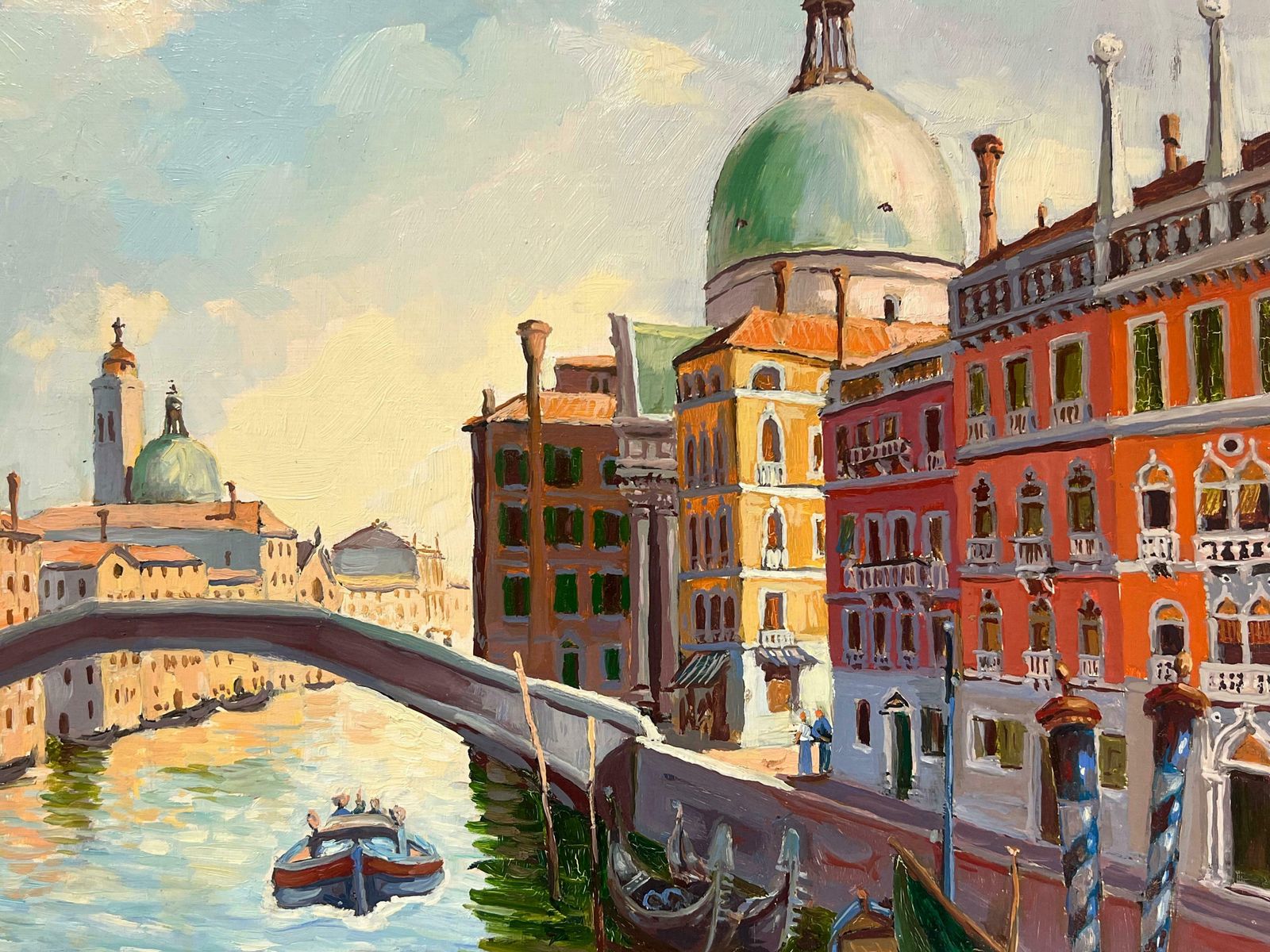 Georges Bordonove1980's French Oil Painting Venice Canal With Boats & Buildings Signed Dated1982 photo for sale