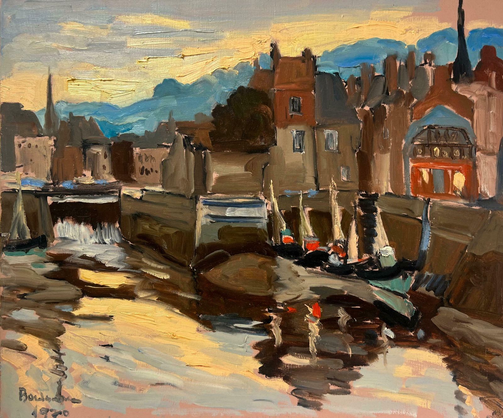Georges Bordonovelarge French 1970's Oil Painting Honfleur Harbour At Sunset With Boats1970