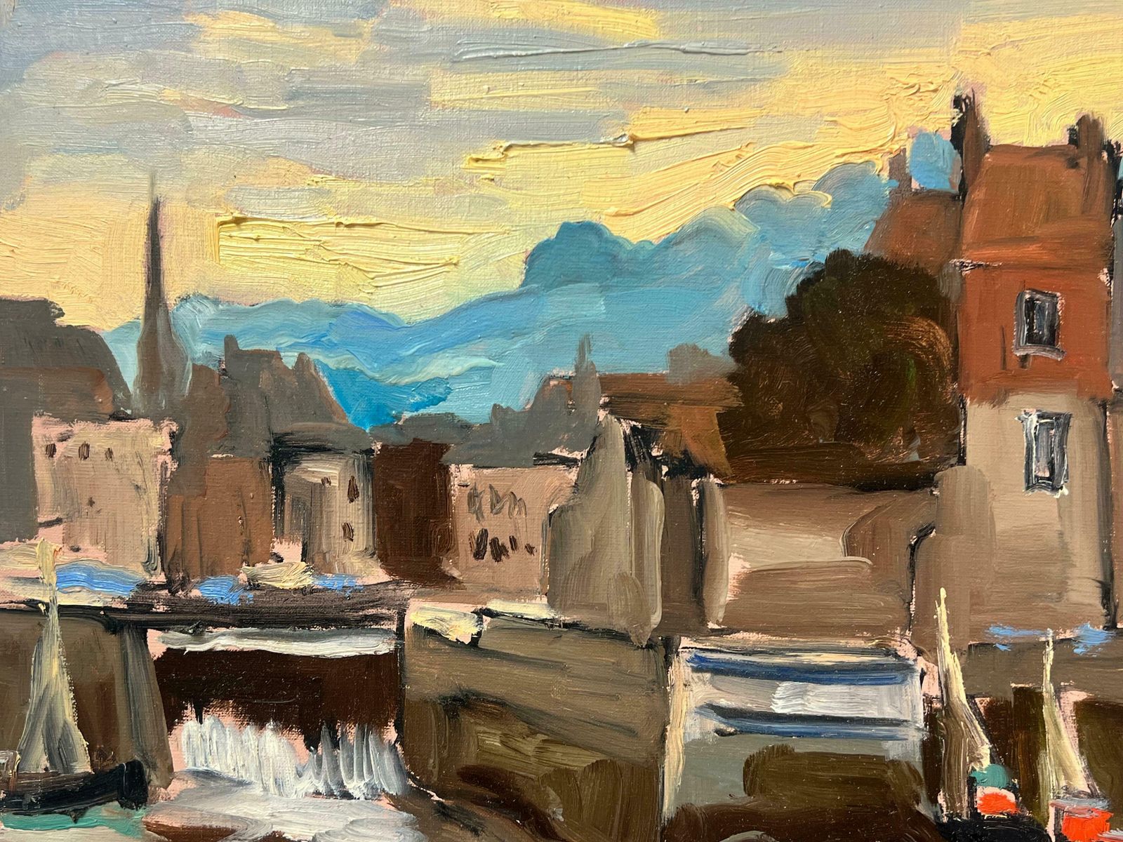 Georges Bordonovelarge French 1970's Oil Painting Honfleur Harbour At Sunset With Boats1970 photo Art