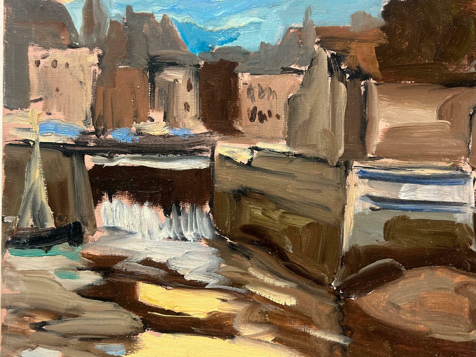 Georges Bordonovelarge French 1970's Oil Painting Honfleur Harbour At Sunset With Boats1970 photo 950.0