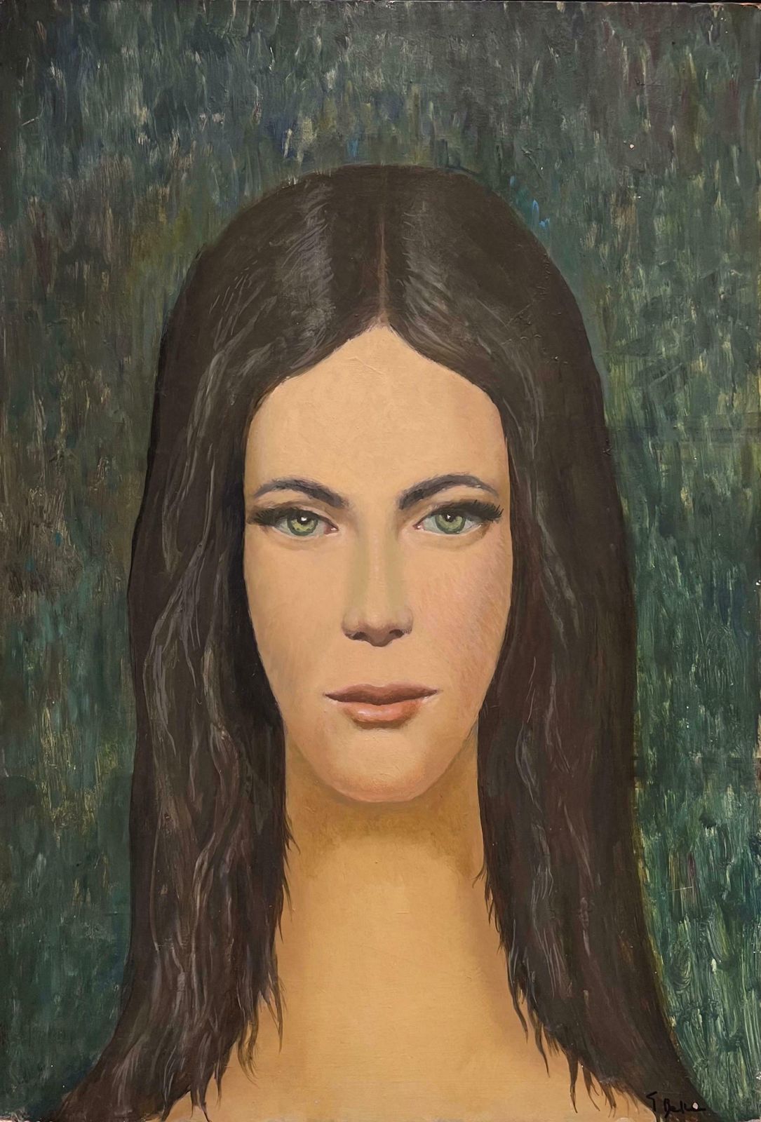French School1960's French Modernist Oil Painting Portrait Of Young Lady Direct Gaze