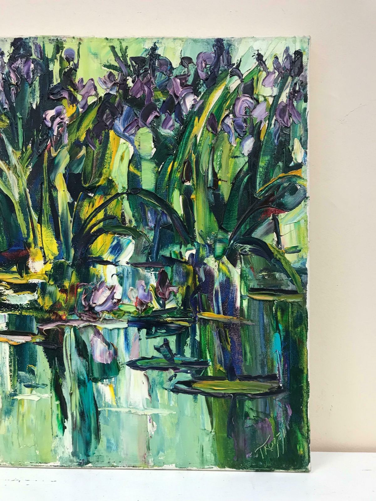 20th Century French Schoolwater Lilies In Pond, Thick Impasto French Signed Oil Painting photo for sale