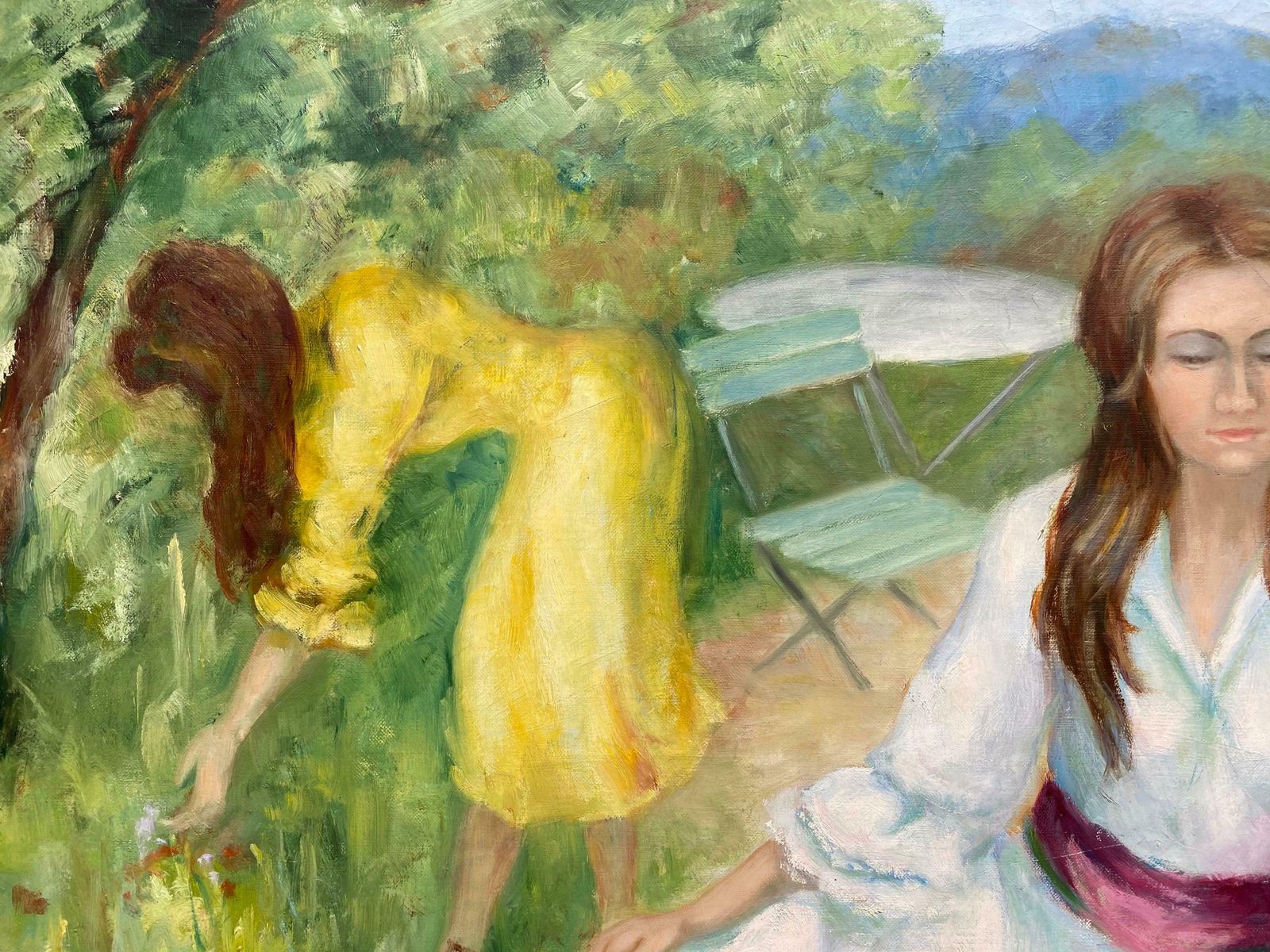 Yvette Bossierehuge 20th Century French Impressionist Young Ladies In Colorful Garden Park20th Century photo for sale