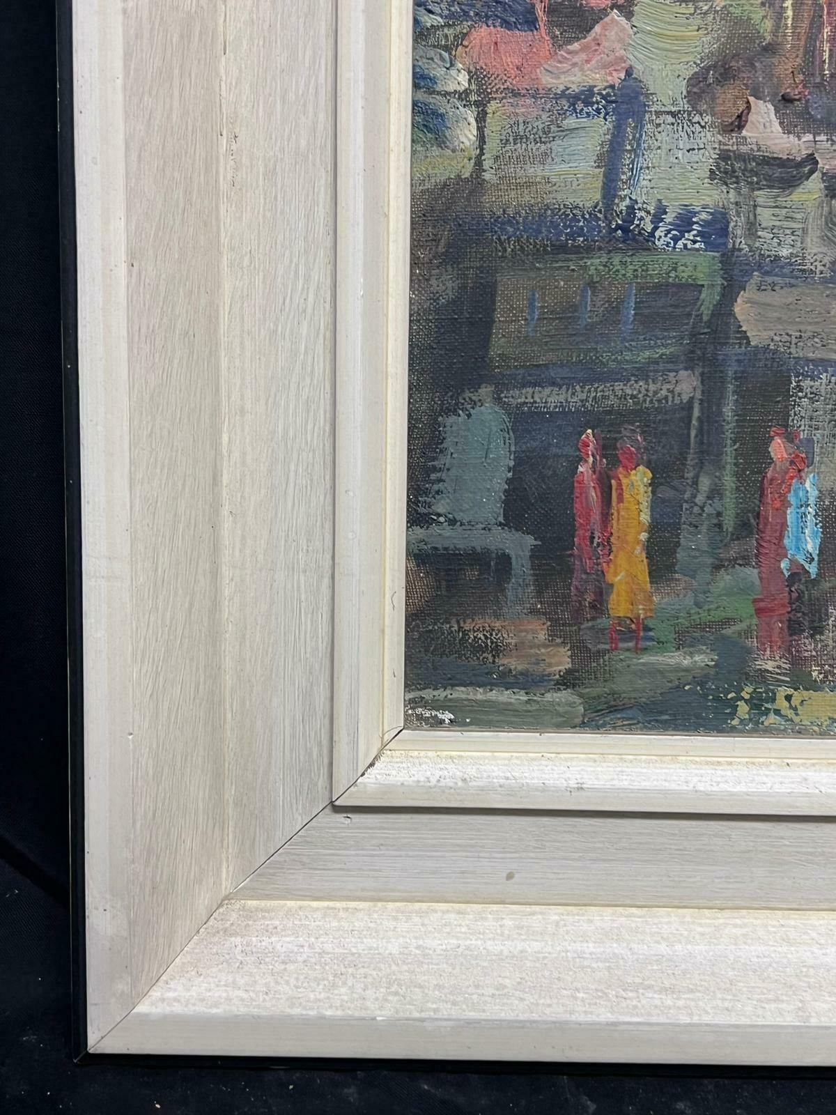 French School1960's Vibrant Paris Busy Street Scene Large Oil Painting In Modern Frame1960's photo vintage