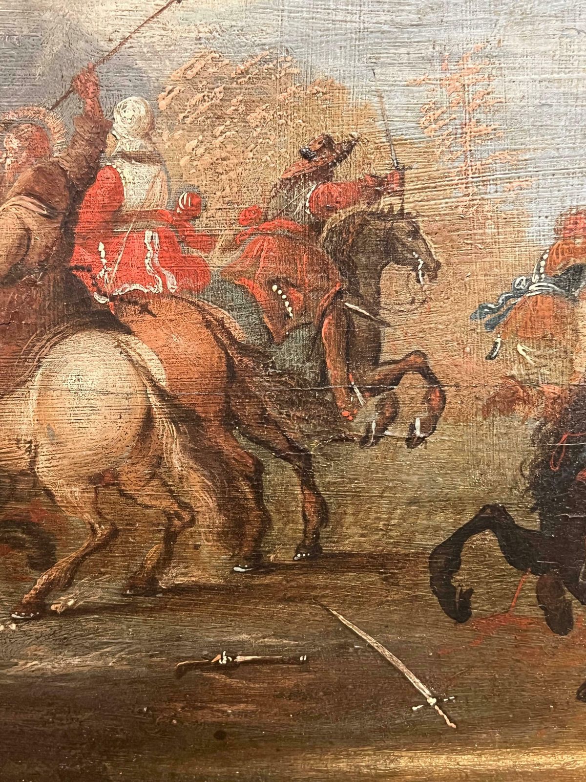 photo furniture 17th Century Flemish Old Master Oil On Panel Cavalry Skirmish Soldiers & Horses1650