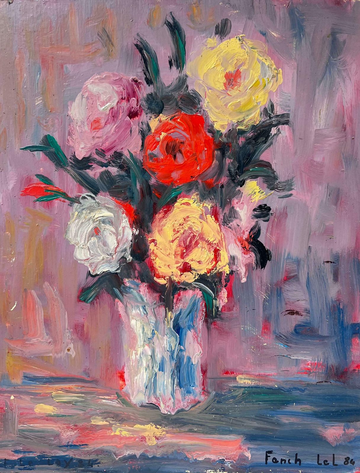 Fanch Lelcolourful Rose Bouquet In White Vase Original French Still Life Oil Painting 20th Century