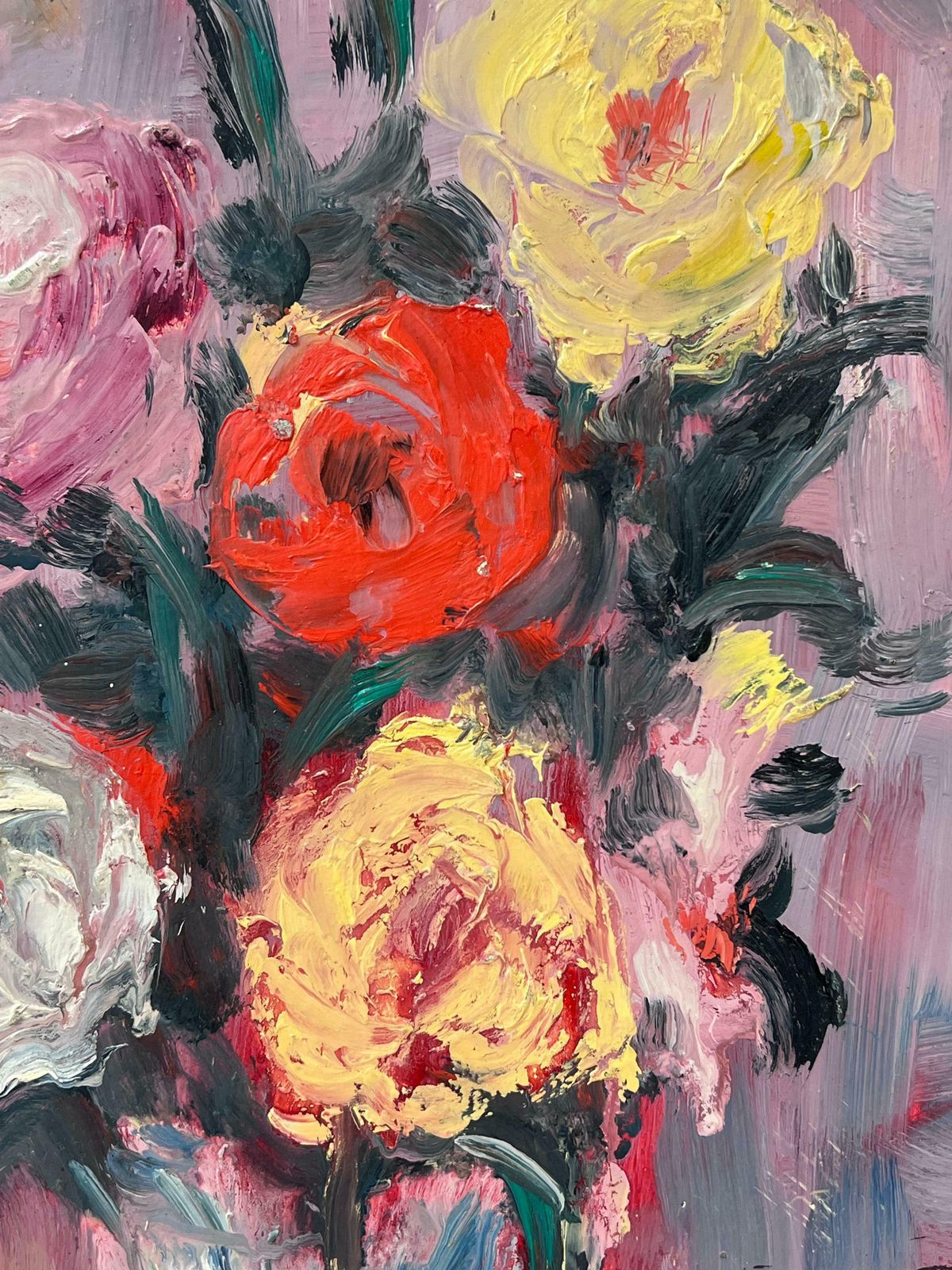 Fanch Lelcolourful Rose Bouquet In White Vase Original French Still Life Oil Painting 20th Century photo 675.0