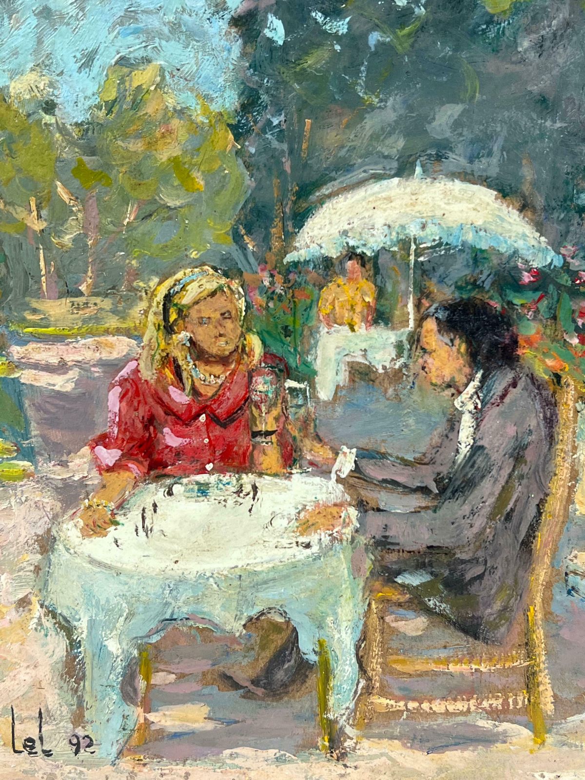 Fanch Lelelegant Couple In French Summers Day Garden Cafe Oil Painting20th Century photo Art