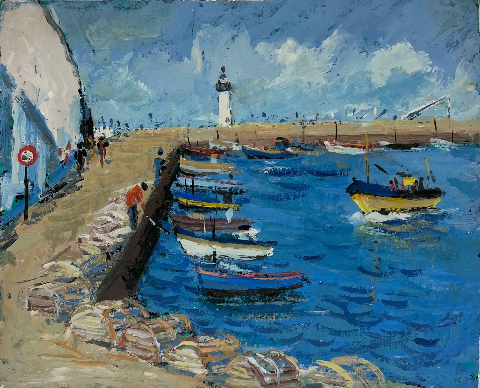 Fanch Lellively Blue Seaside Scene With A Lighthouse And Fishermen Preparing On The Dock20th Century