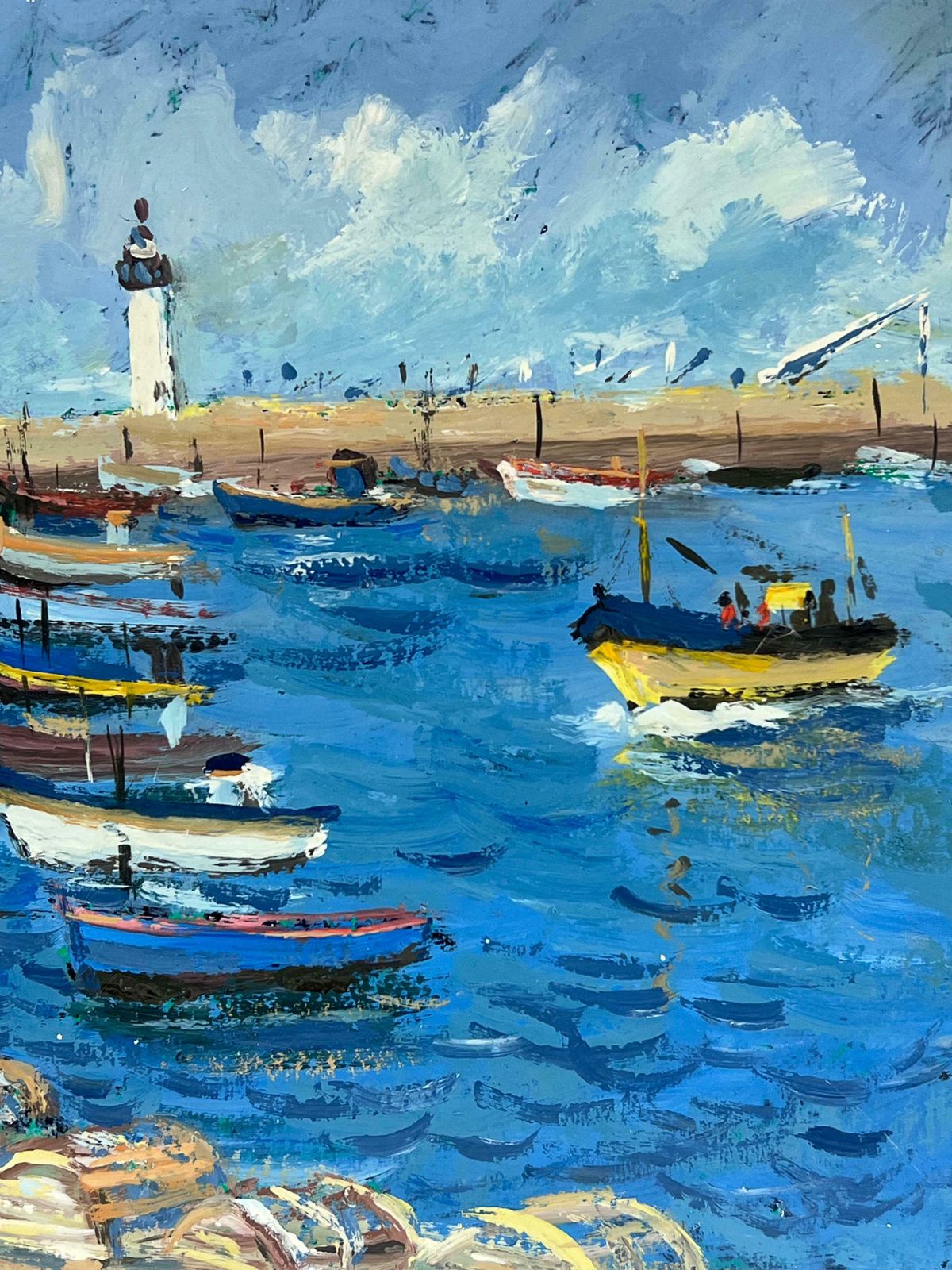 Fanch Lellively Blue Seaside Scene With A Lighthouse And Fishermen Preparing On The Dock20th Century photo for sale