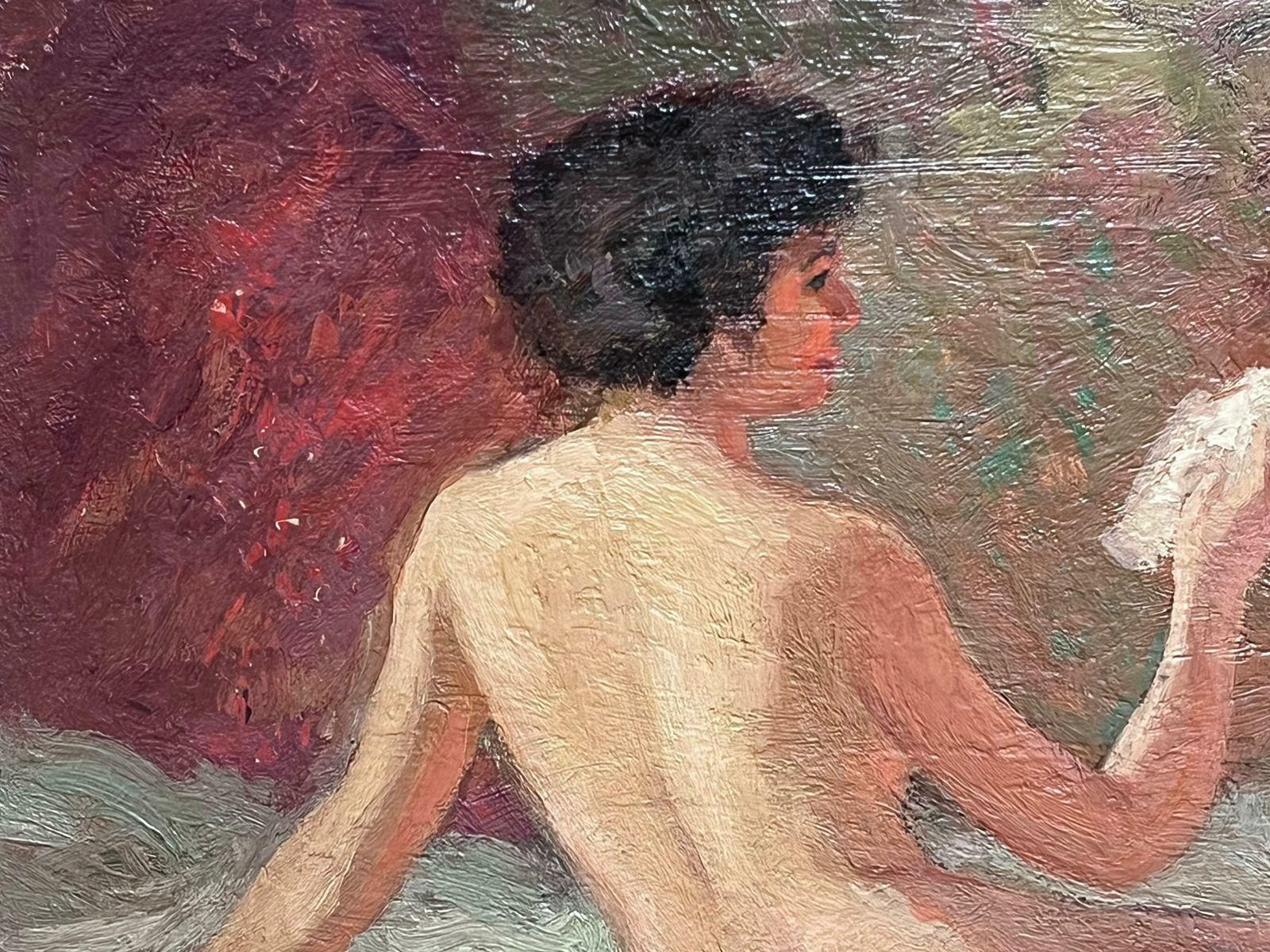 French Schoolmid Century French Oil Painting Nude Lady On Bed Reading, Signed & Framed photo vinterior