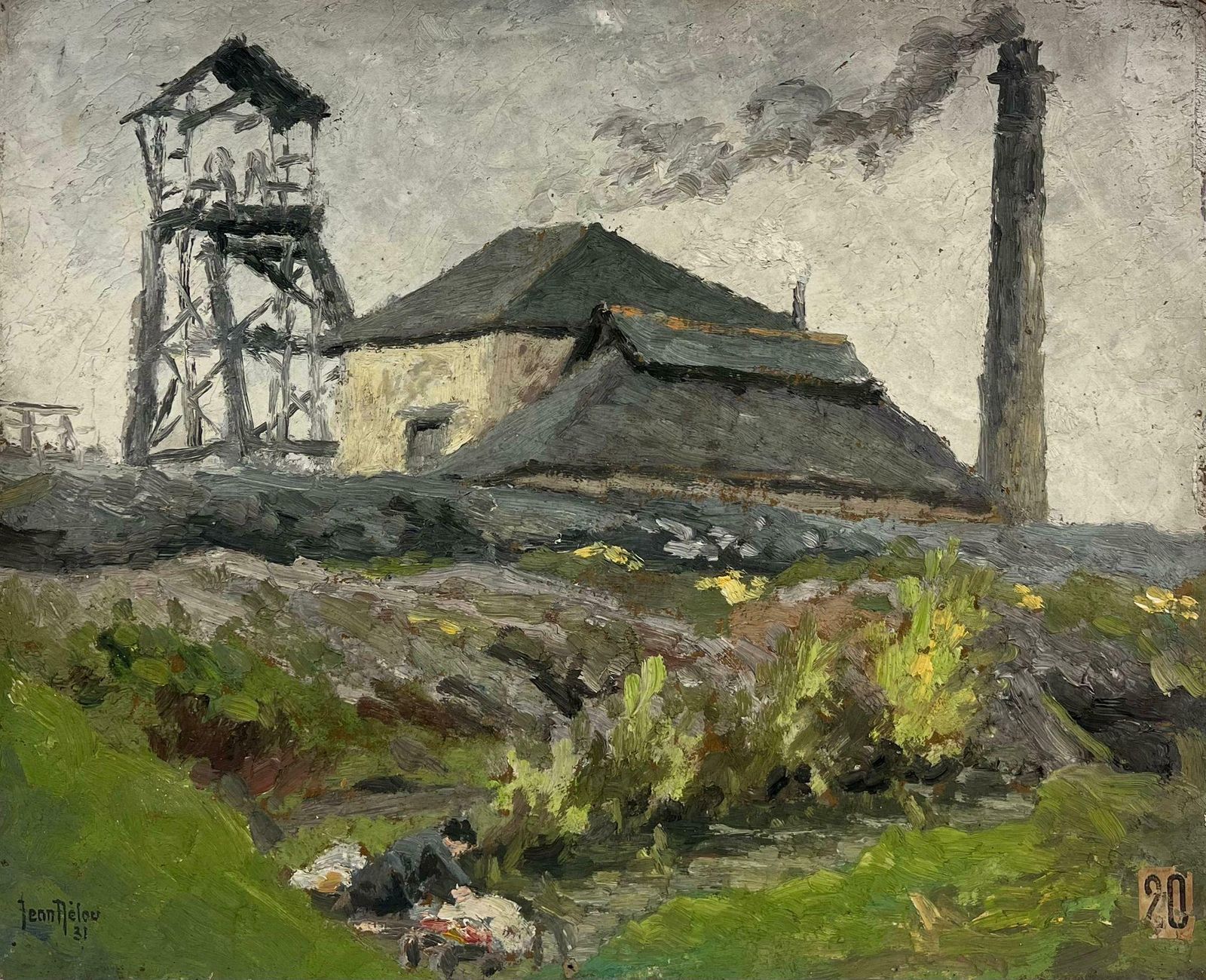 1930's French Impressionistfigure Washing In Country Stream Next To Industrial Building French Signed Oil 1931