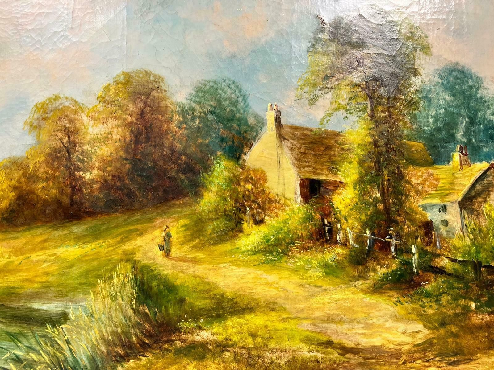 Antique Englishvery Large Antique English Oil Tranquil Rural Landscape Cattle Watering River photo Art