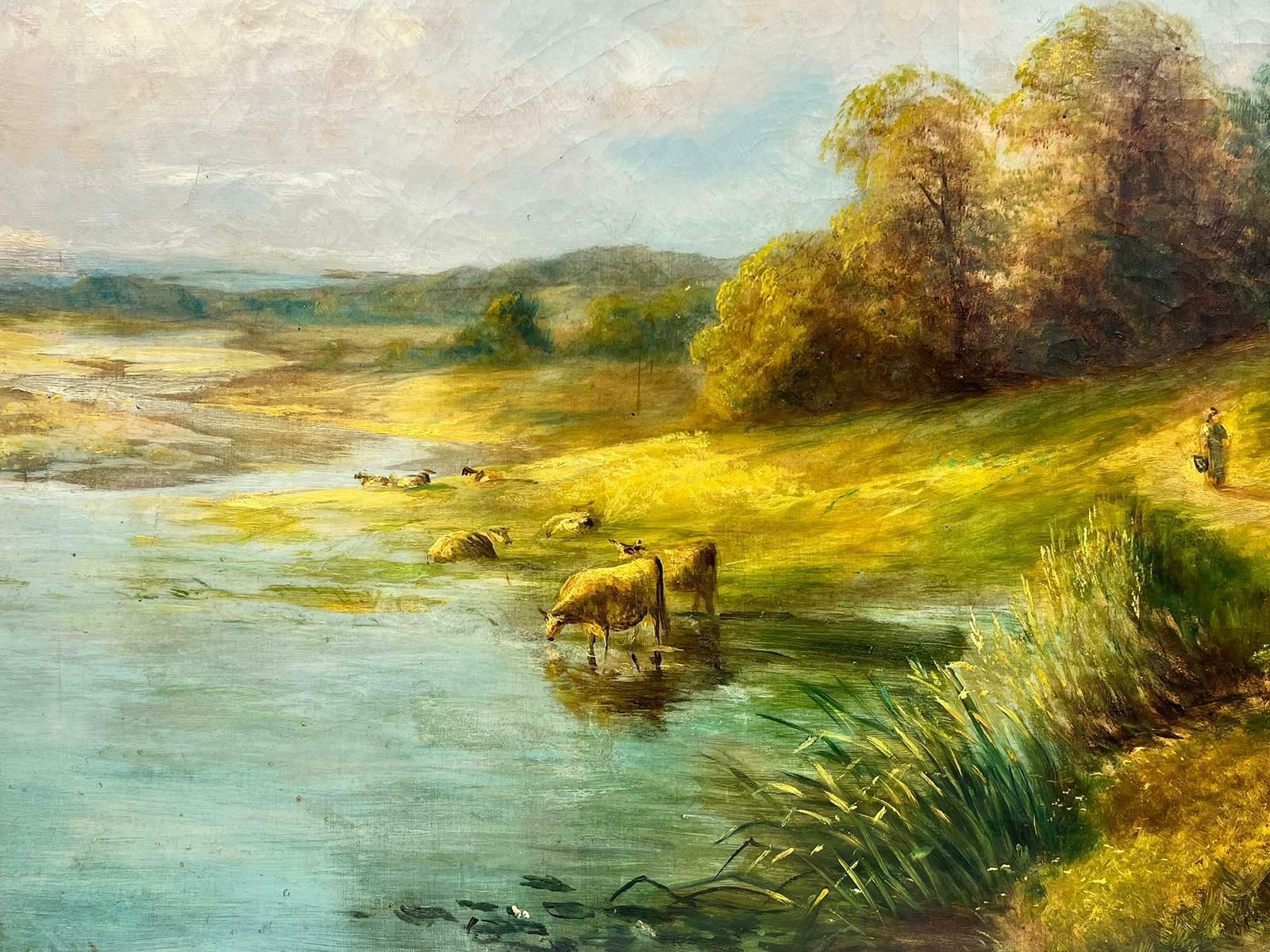 Antique Englishvery Large Antique English Oil Tranquil Rural Landscape Cattle Watering River photo vinterior