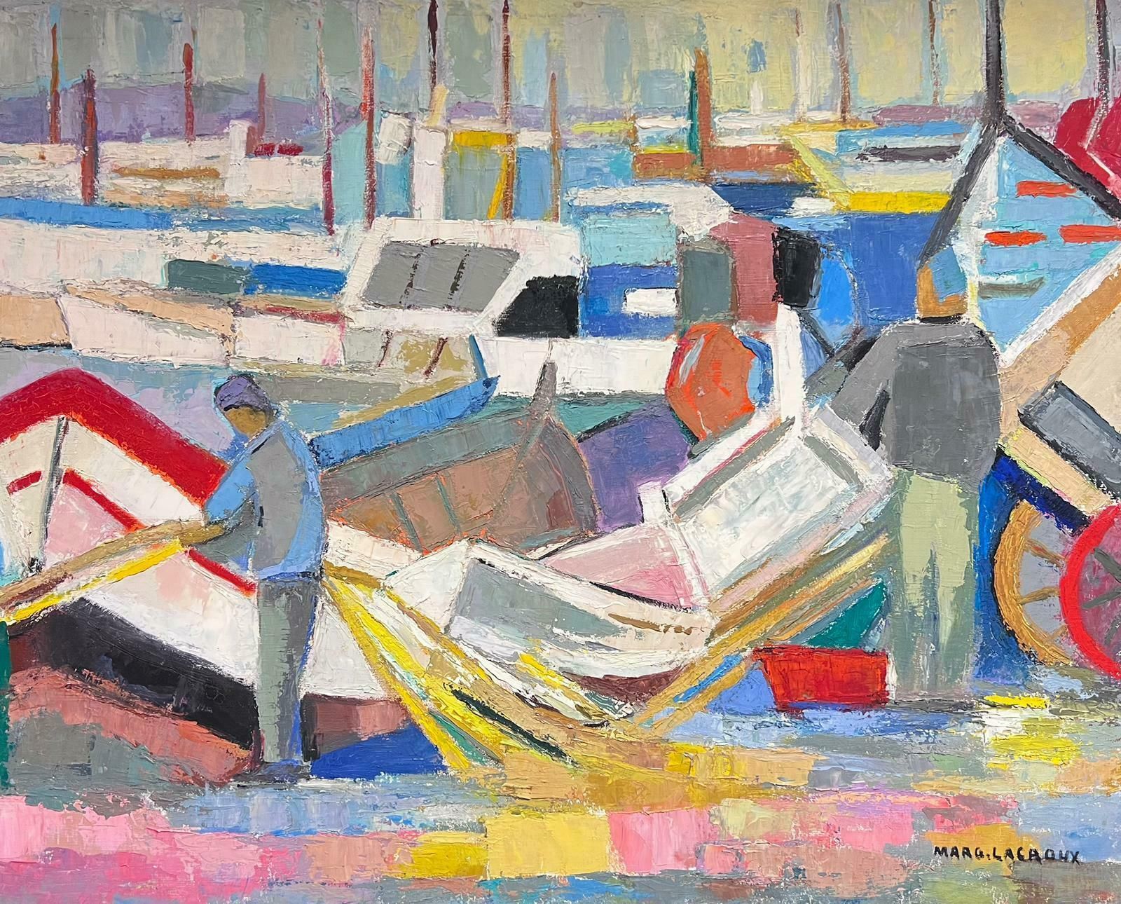 Marguerite Lacrouxhuge Mid 20th Century French Cubist Signed Oil Fisherman With Boats Harbor Quay