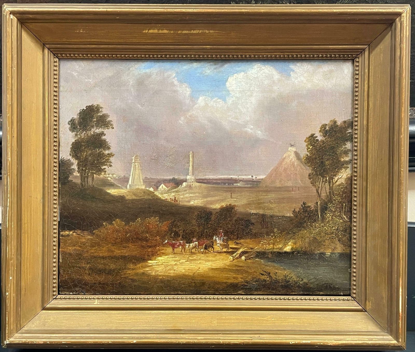 1850's Englishwaterloo Battlefield With 3 Monuments   Butte Du Lion, Antique Oil Painting19th Century