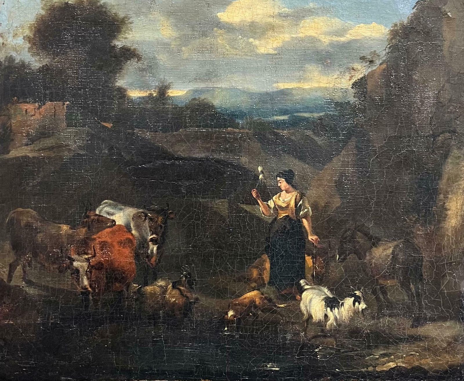 Large 17th Century Dutch Old Master Oil Painting Figures Animals Landscape17th Century photo furniture
