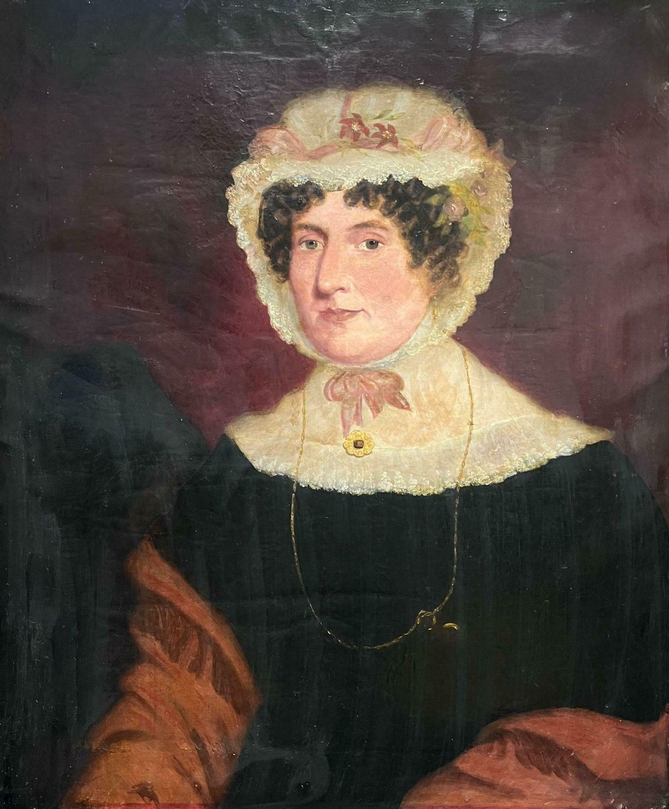 Victorian Englishmid 19th Century English Oil Painting Portrait Of A Lady In Lace Bonnet