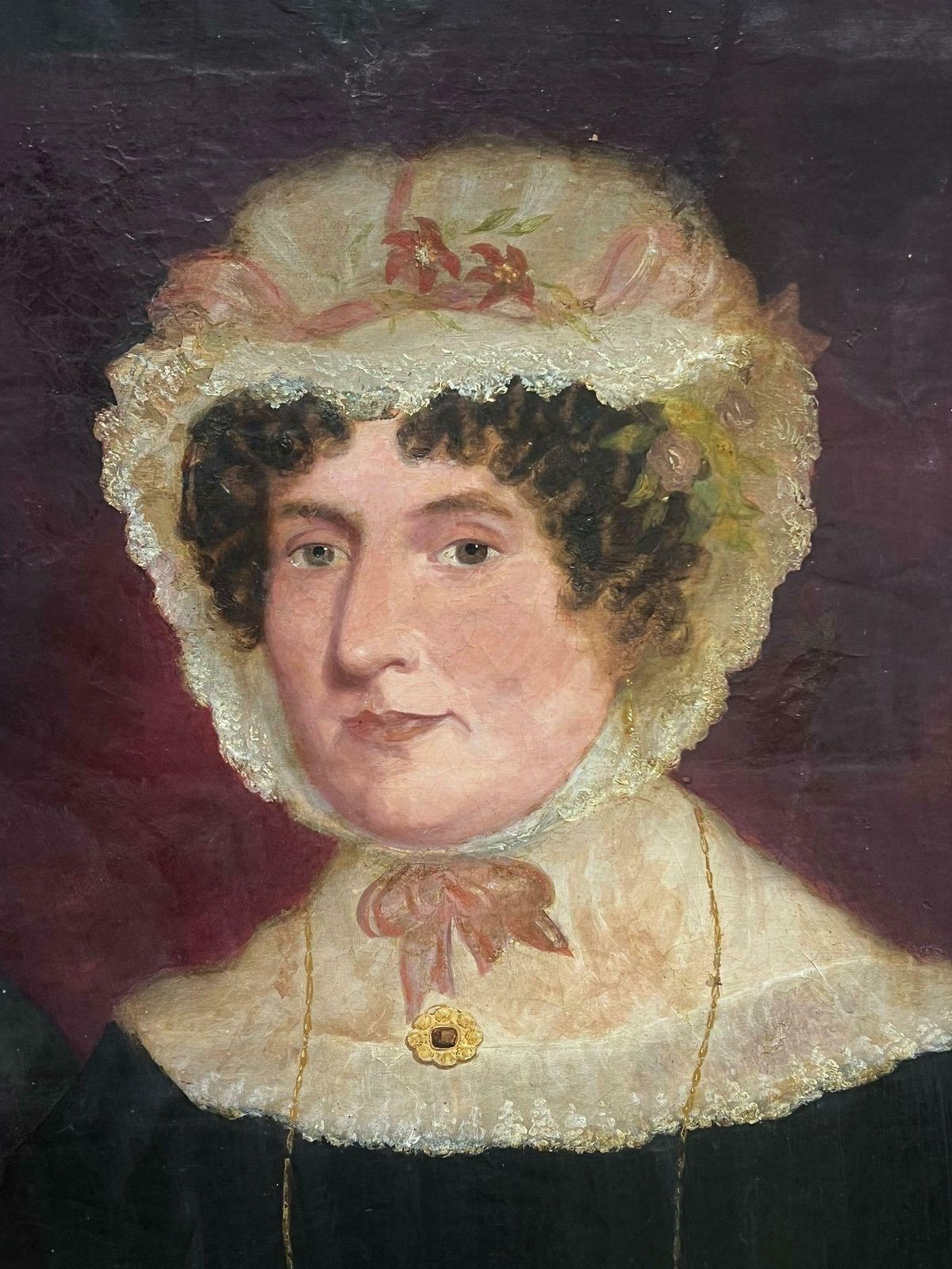 Victorian Englishmid 19th Century English Oil Painting Portrait Of A Lady In Lace Bonnet photo Art