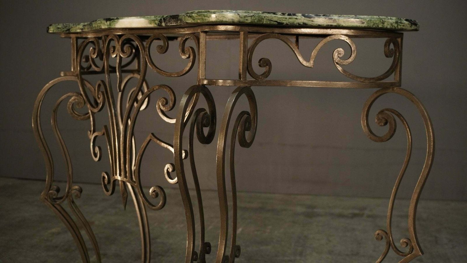 Wrought Steel Variegated Marble Top Console Table, Manner Of Gilbert Poillerat photo vintage