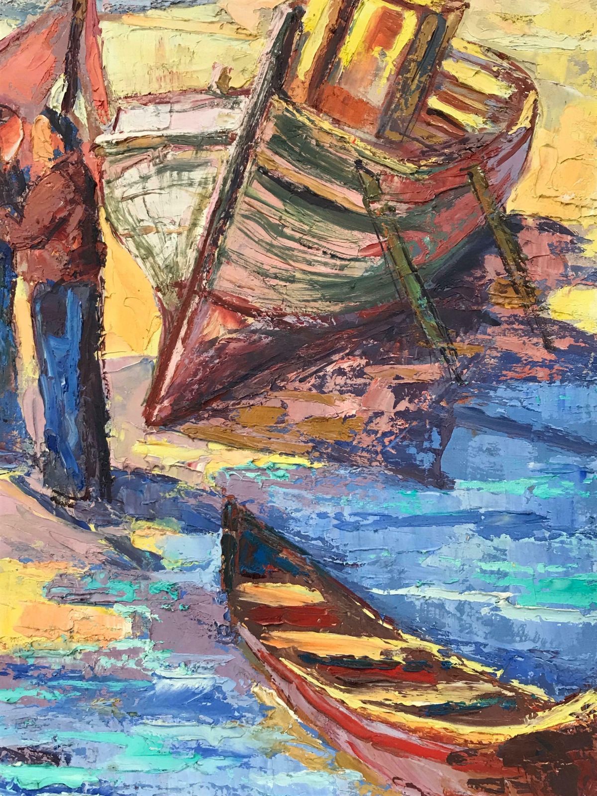 French School1950's French Post Impressionist Signed Oil   Fishermen With Boats On Beach photo Art