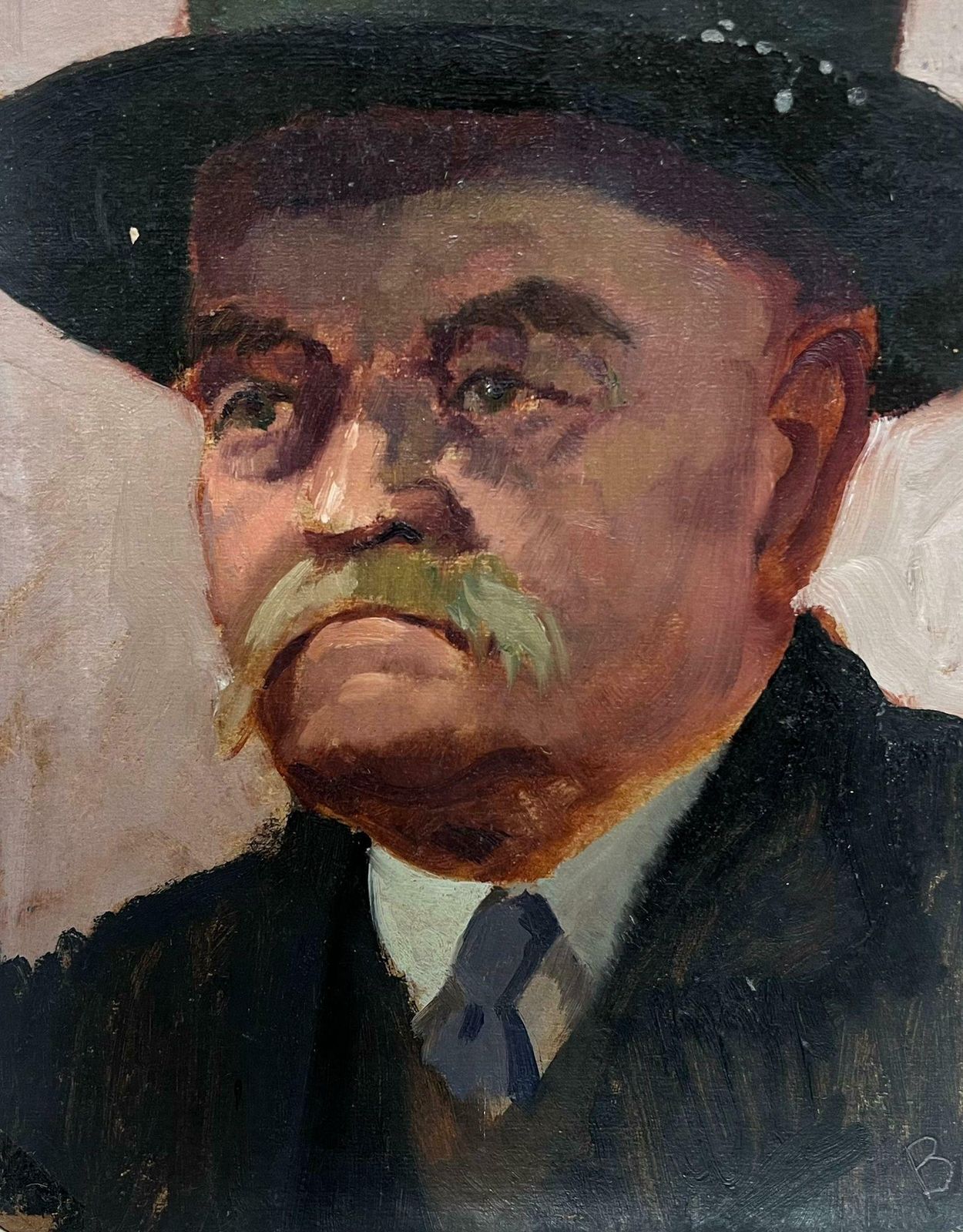 20th Century British Schoolmid 20th Century British Portrait Of A Man With Mustache In A Hat Oil Painting photo for sale