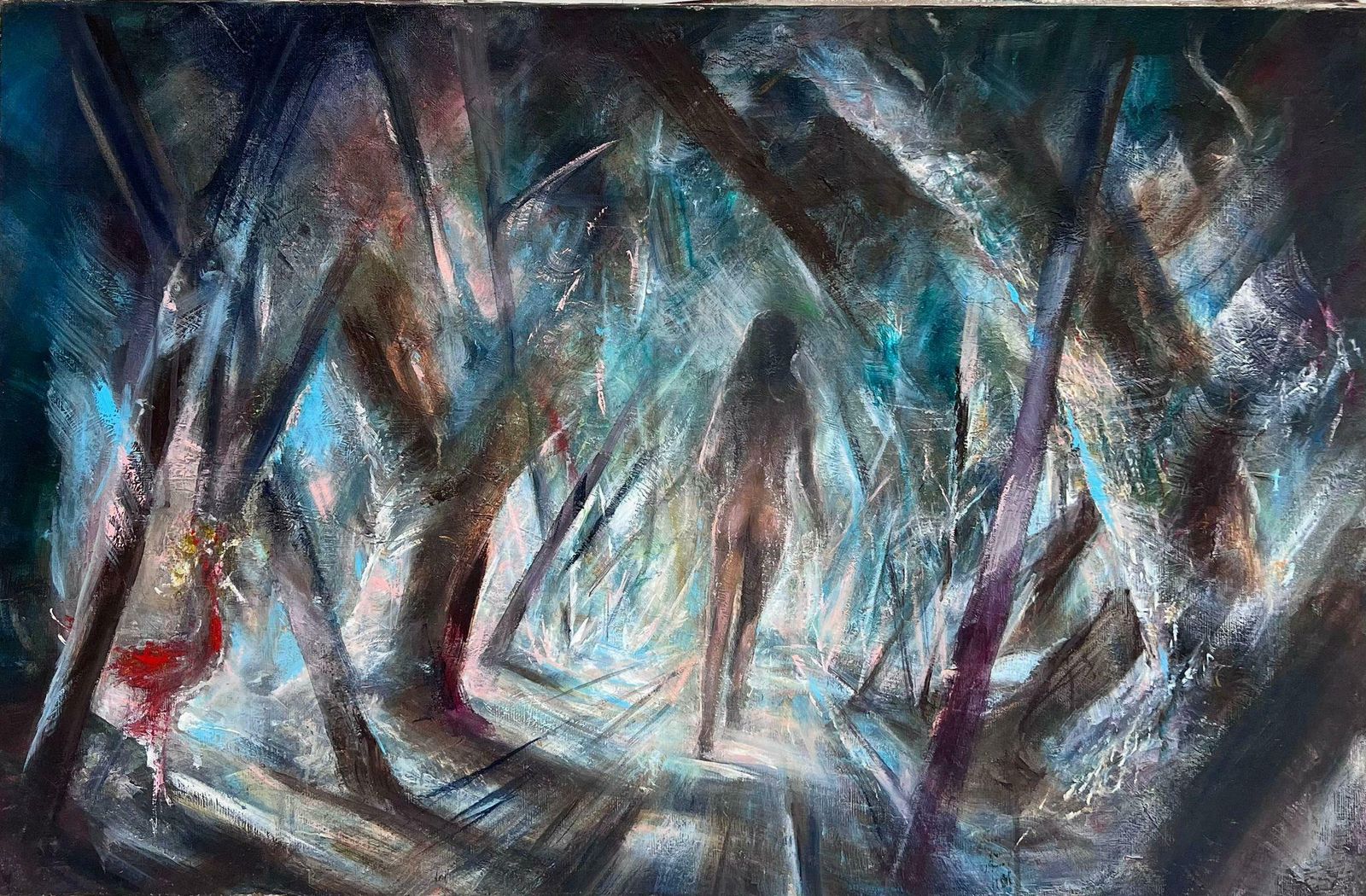 French Schoolhuge 1960's French Fantasy Abstract Oil Painting Nude Lady Walking Through Woods1960's