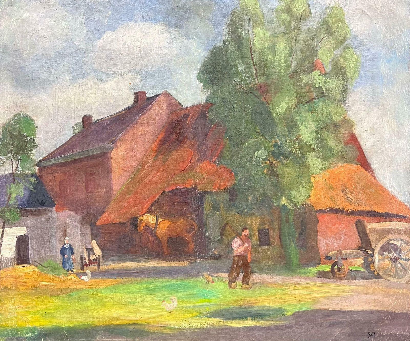 French Schoollarge Early 20th Century French Post Impressionist Oil Farmyard Scene Figures1917
