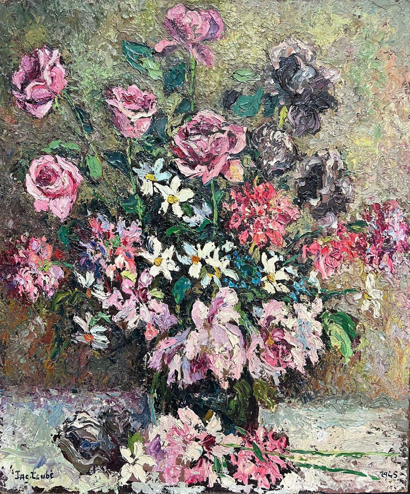 French School1940's French Post Impressionist Signed Oil Very Thick Impasto Pink Flowers 1945