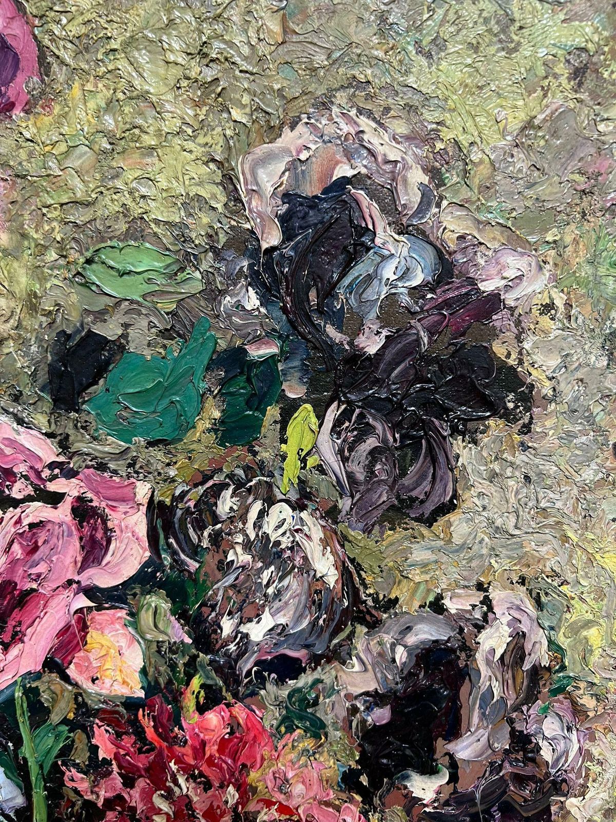 French School1940's French Post Impressionist Signed Oil Very Thick Impasto Pink Flowers 1945 photo 764.0