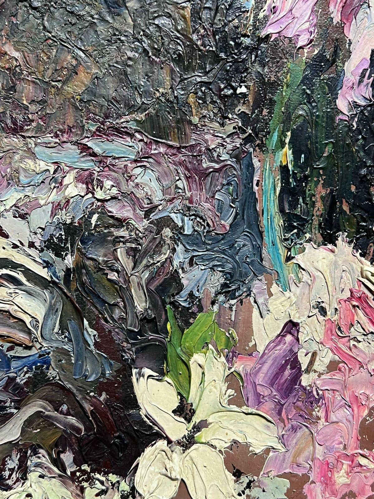 French School1940's French Post Impressionist Signed Oil Very Thick Impasto Pink Flowers 1945 photo buy