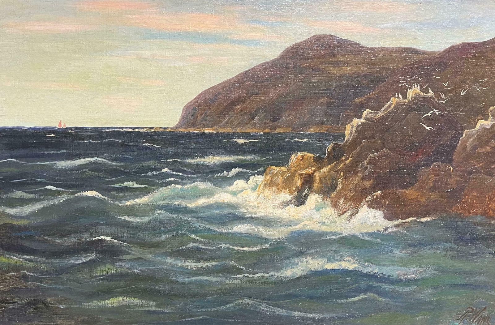 French Schoolmajestic Coastal Cliffs With Seabirds And A Distant Sailboat A Captivating Sea20th Century photo for sale