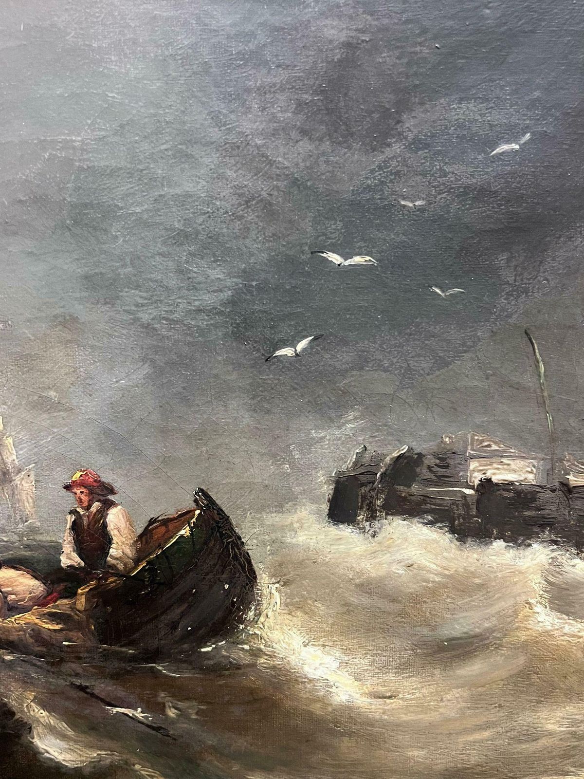 photo for sale English Victorian Oil Antique 19th Century English Victorian Marine Oil Painting Boats Stormy Seas19th Century