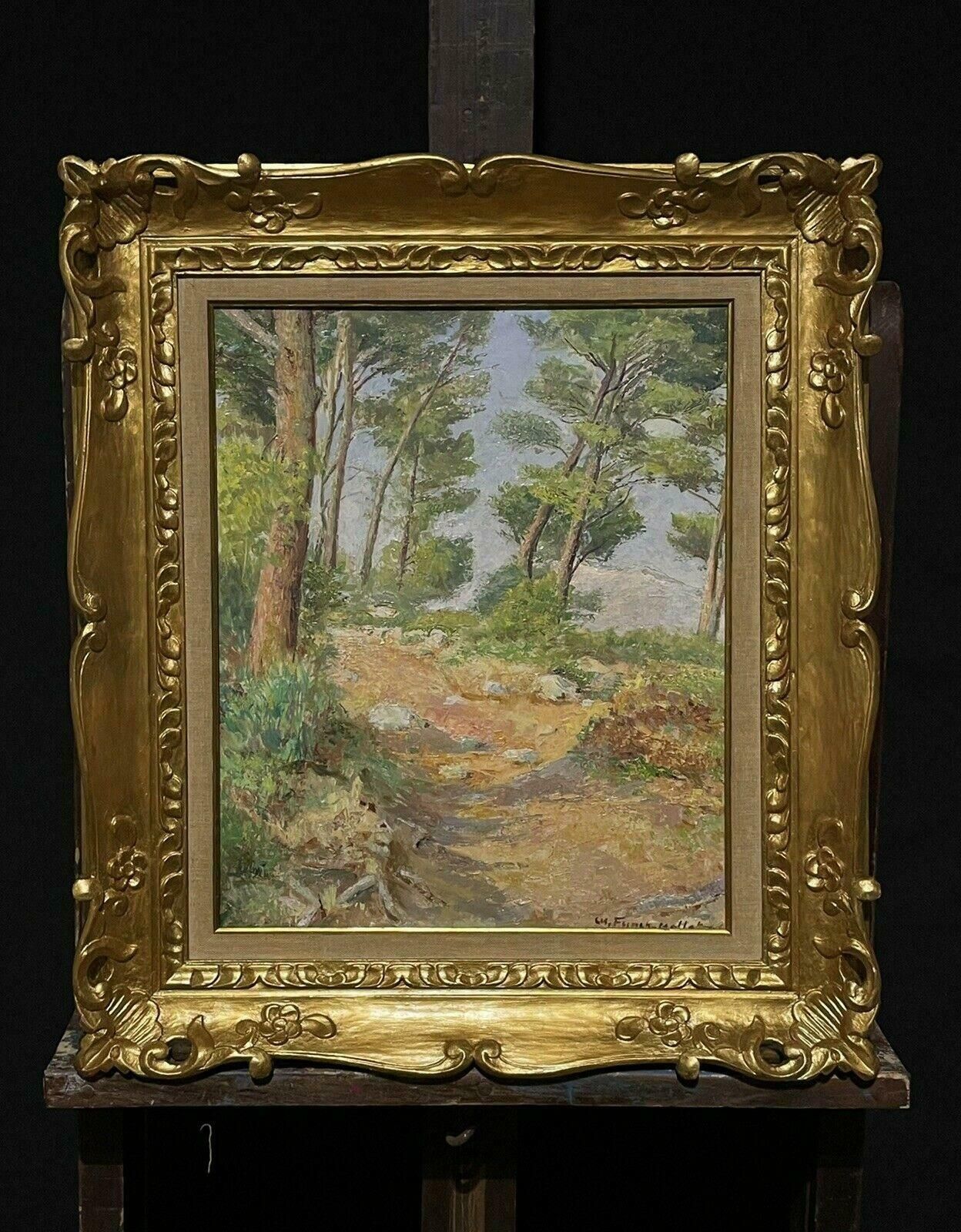 Unknownfrench Impressionist Signed Oil Painting Cote D'azur Coastal Pathway With Trees photo for sale
